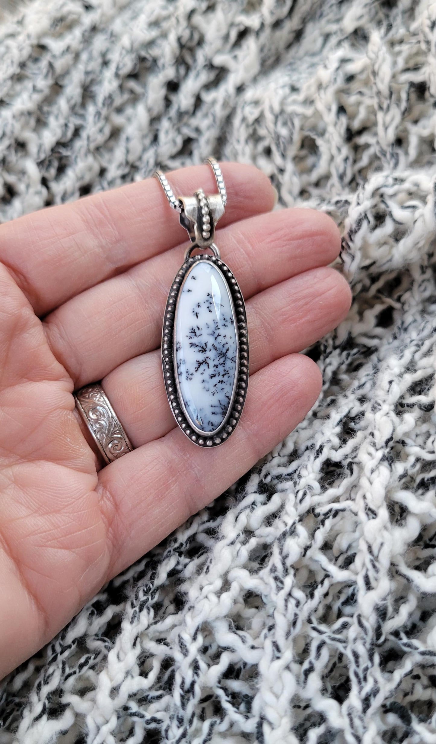 Dendritic Agate Sterling Silver Pendant Necklace - handmade, scenic stone, snow, winter, gray, white, modern but classic, beautiful gift