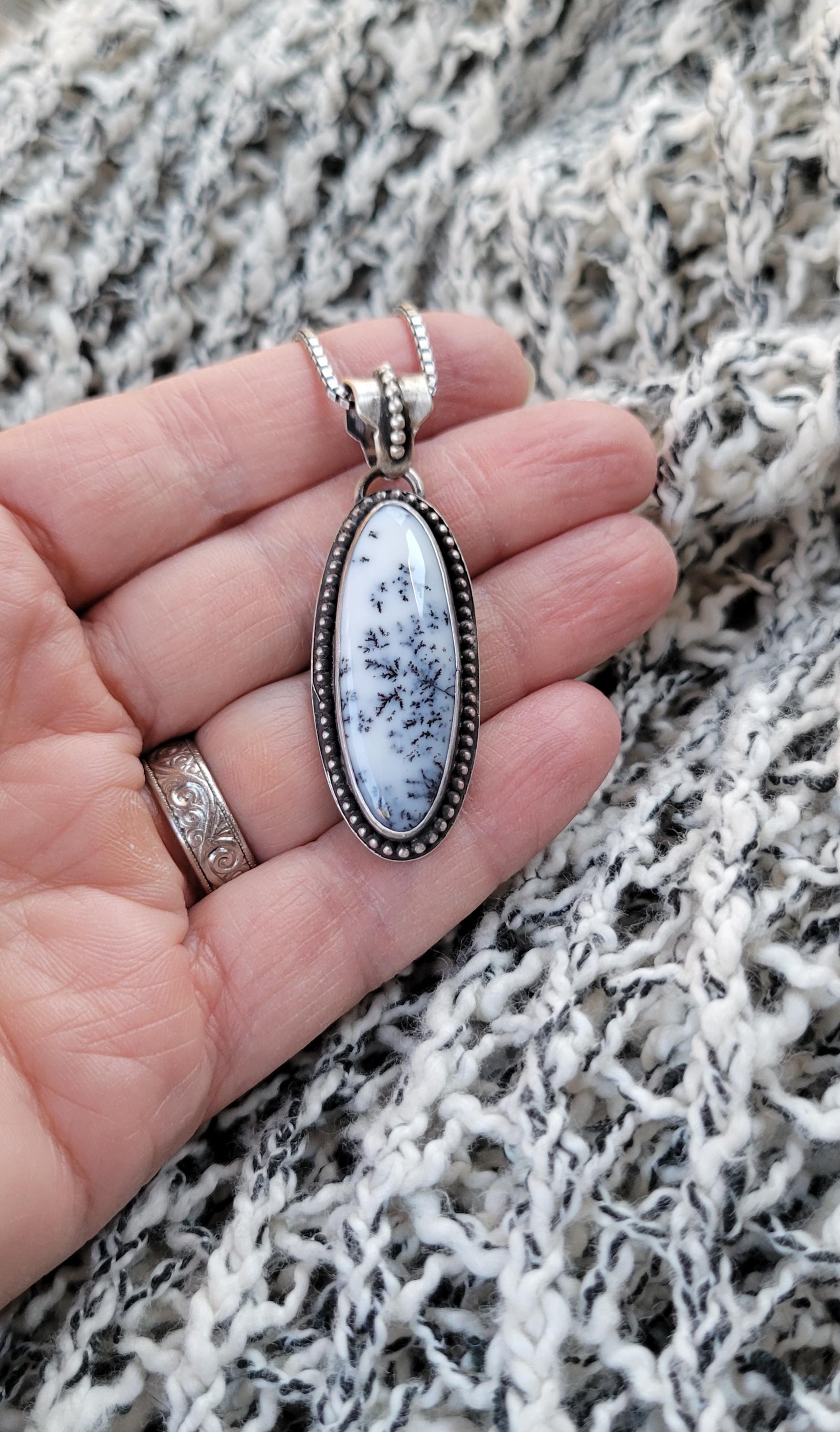 Dendritic Agate Sterling Silver Pendant Necklace - handmade, scenic stone, snow, winter, gray, white, modern but classic, beautiful gift