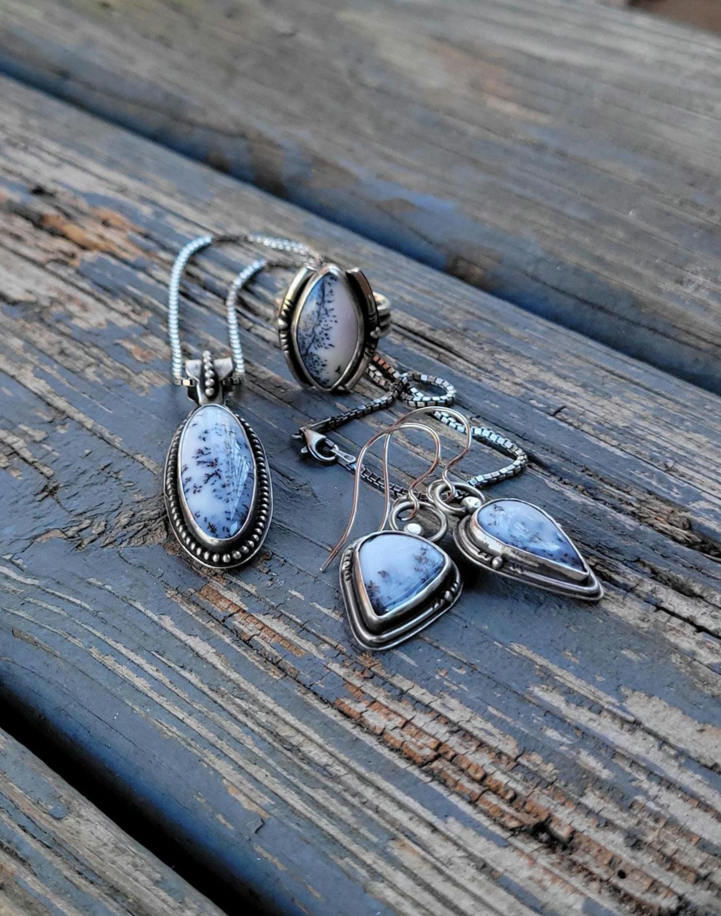 Dendritic Agate Sterling Silver Pendant Necklace - handmade, scenic stone, snow, winter, gray, white, modern but classic, beautiful gift