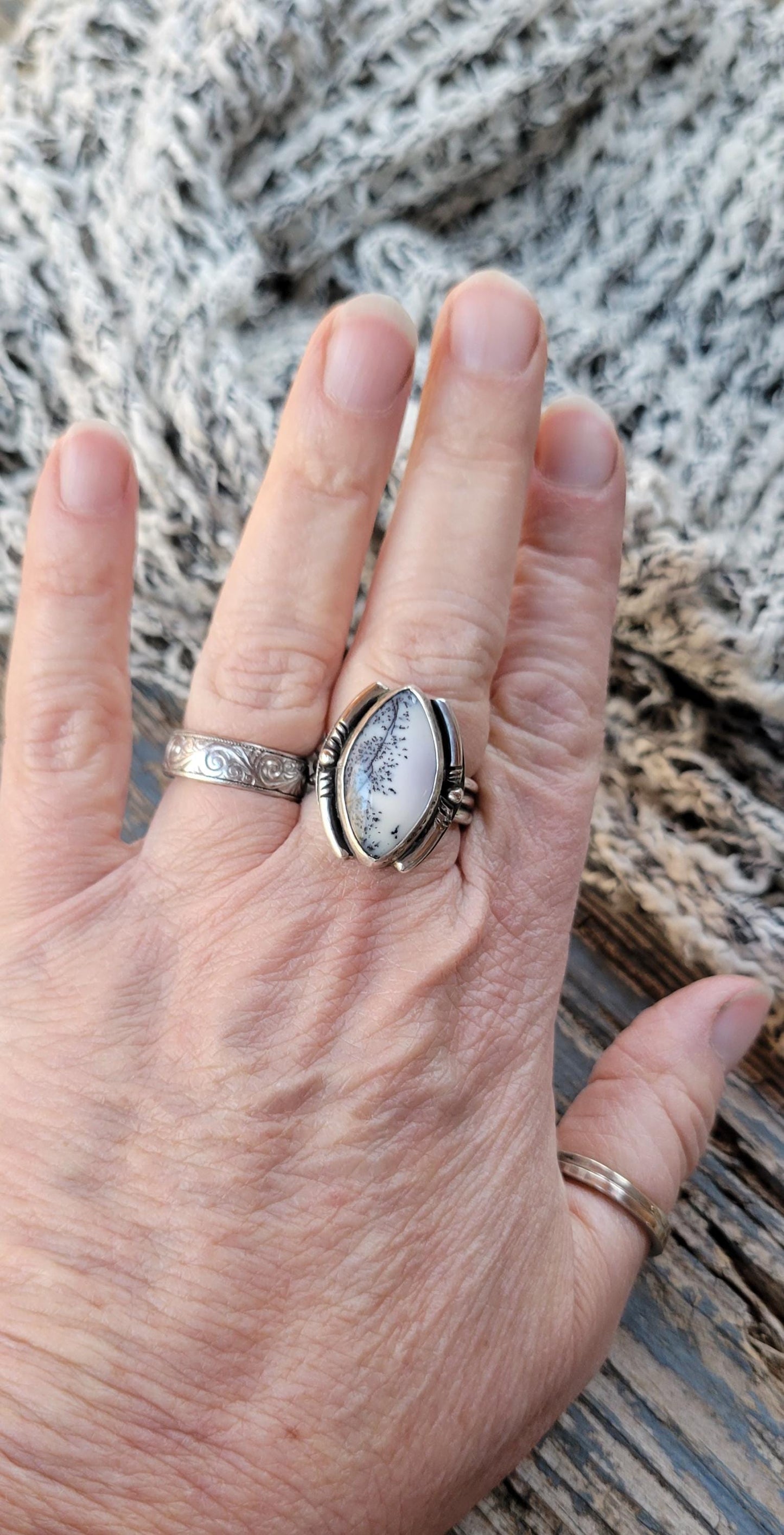 Dendritic Agate Sterling Silver Ring - handmade, scenic stone, snow, winter, gray, white, modern but classic, beautiful gift, Size 7 USA