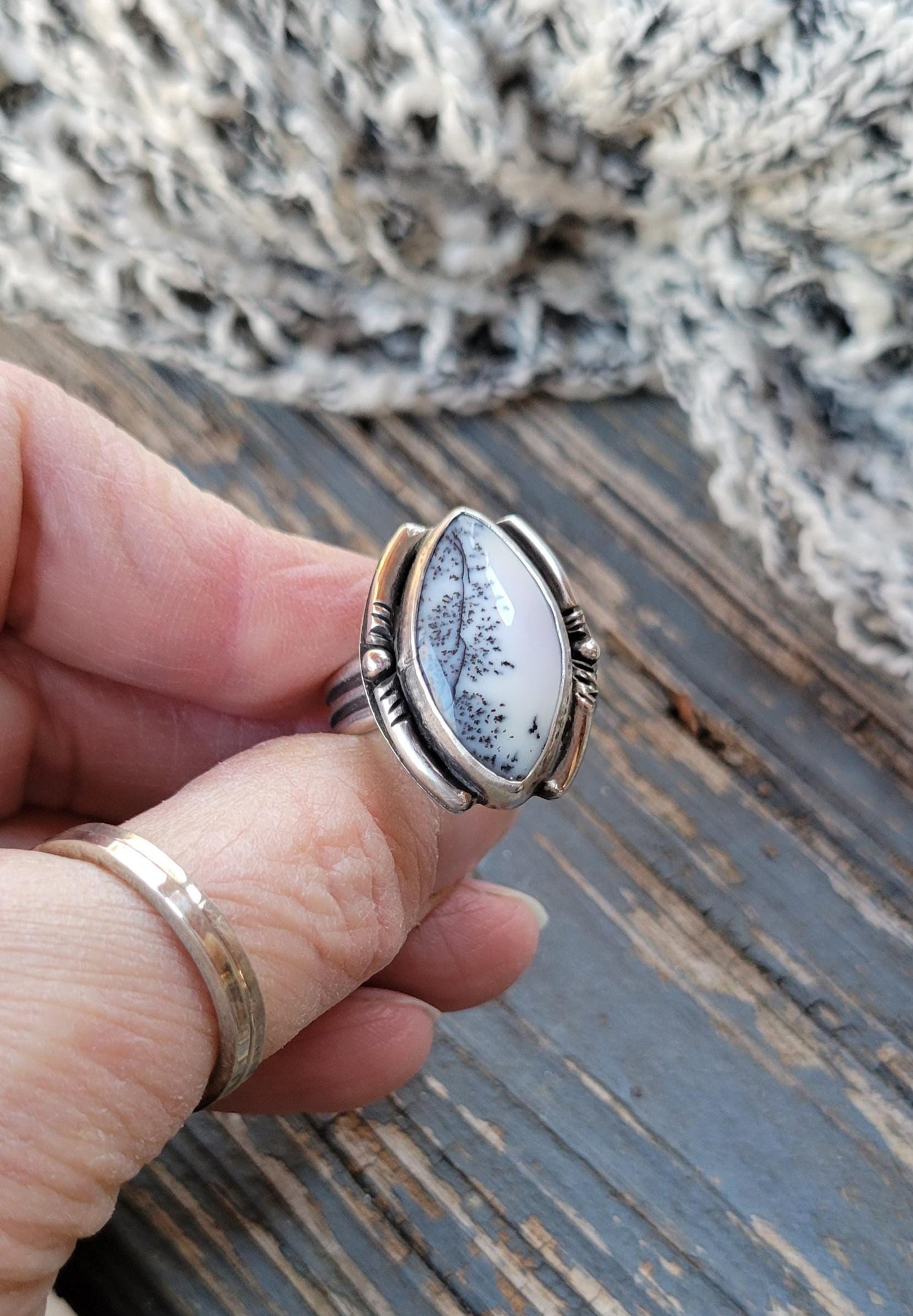 Dendritic Agate Sterling Silver Ring - handmade, scenic stone, snow, winter, gray, white, modern but classic, beautiful gift, Size 7 USA