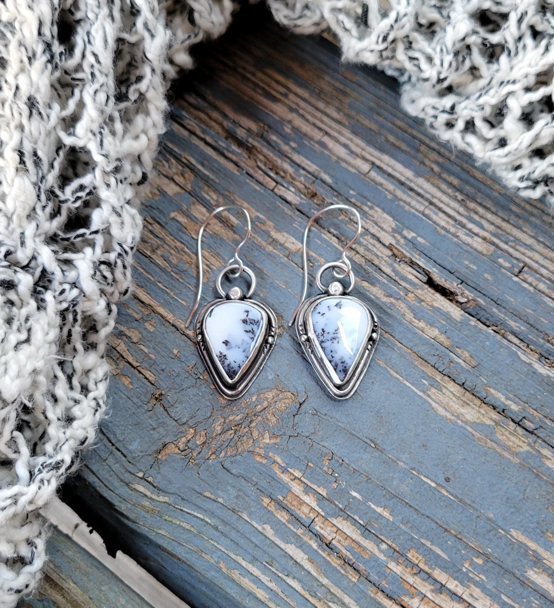 Dendritic Agate Sterling Silver Earrings - handmade, scenic stones, snow, winter, gray, white, modern, dangle, drop, light, beautiful gift
