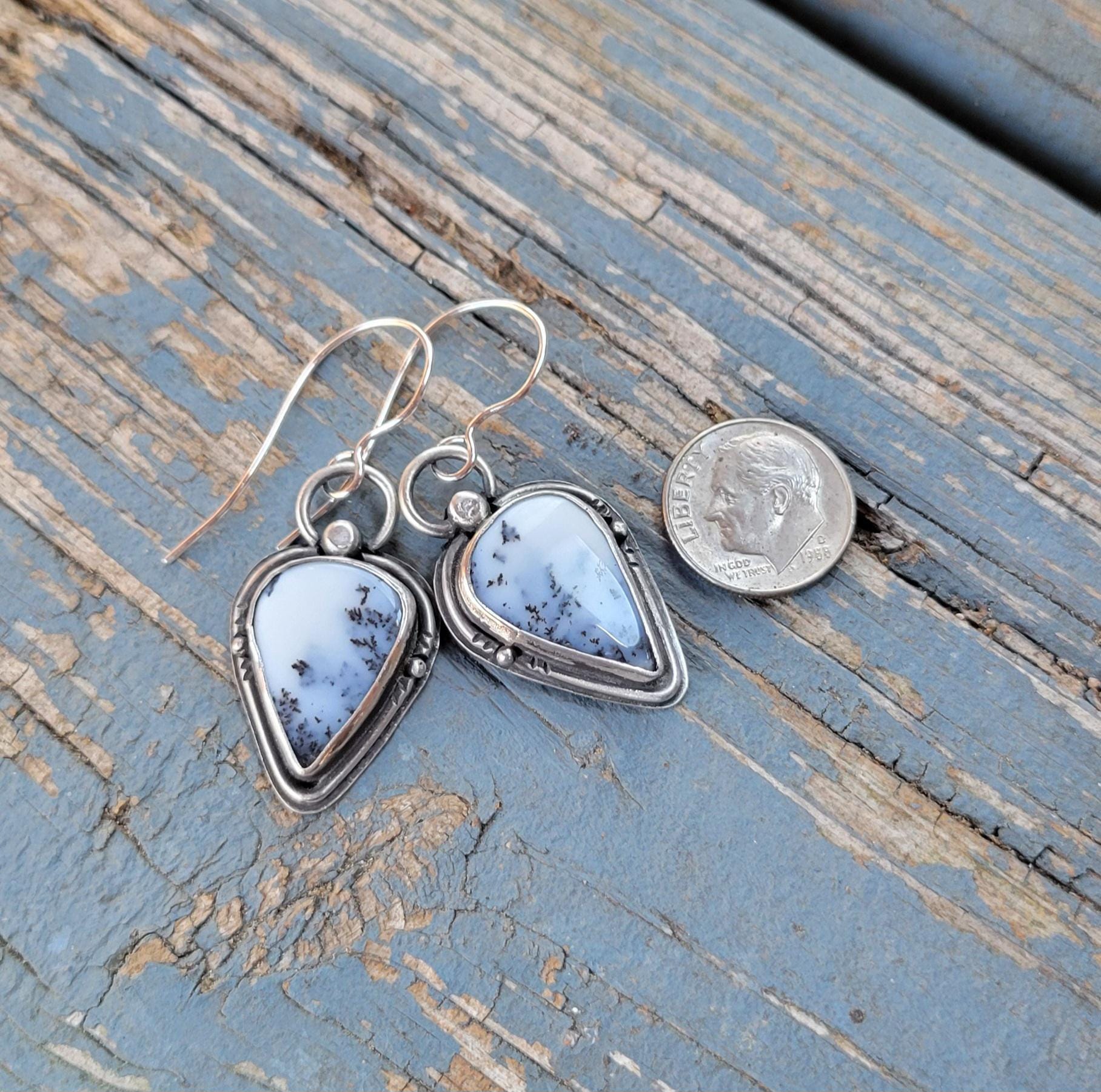 Dendritic Agate Sterling Silver Earrings - handmade, scenic stones, snow, winter, gray, white, modern, dangle, drop, light, beautiful gift