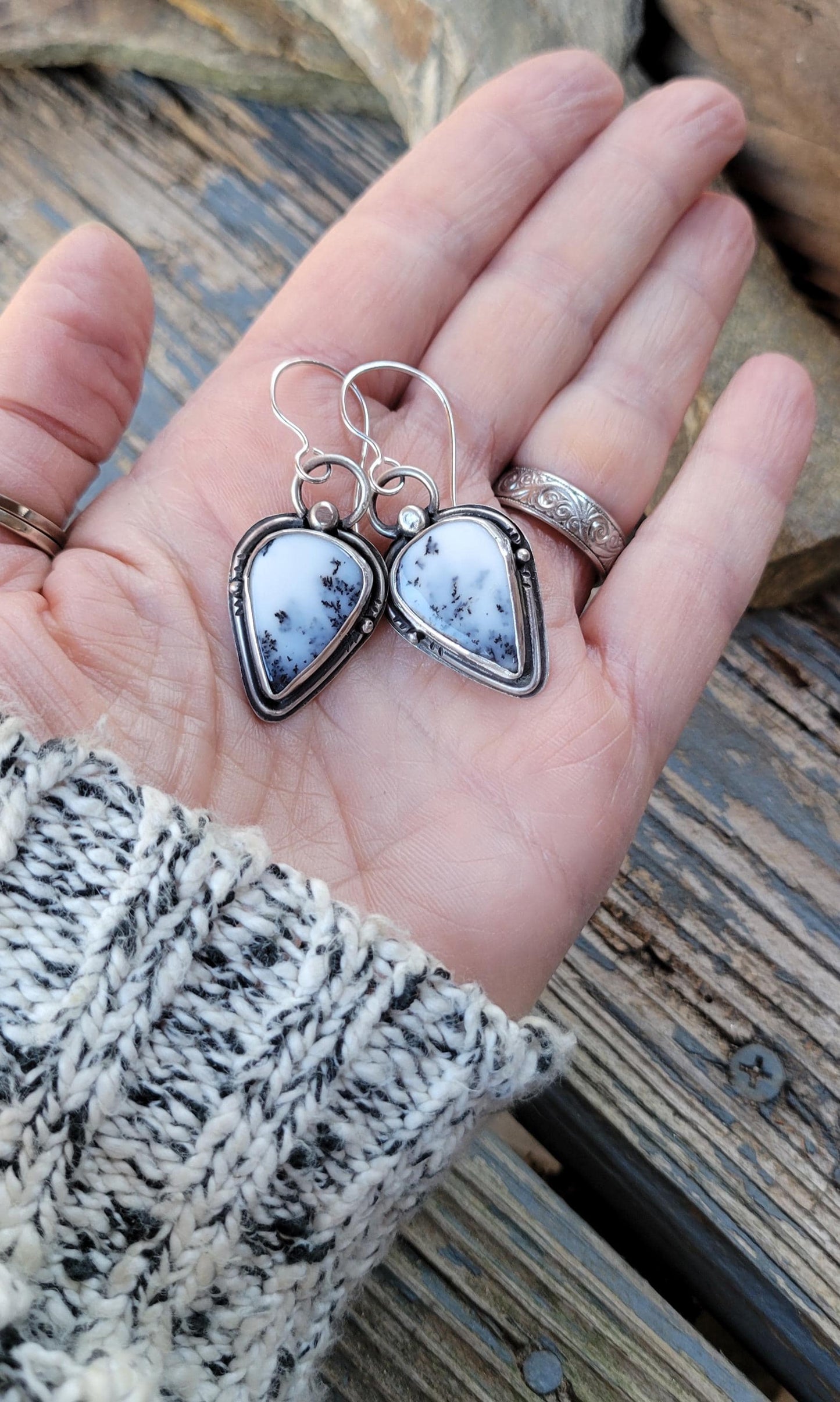 Dendritic Agate Sterling Silver Earrings - handmade, scenic stones, snow, winter, gray, white, modern, dangle, drop, light, beautiful gift