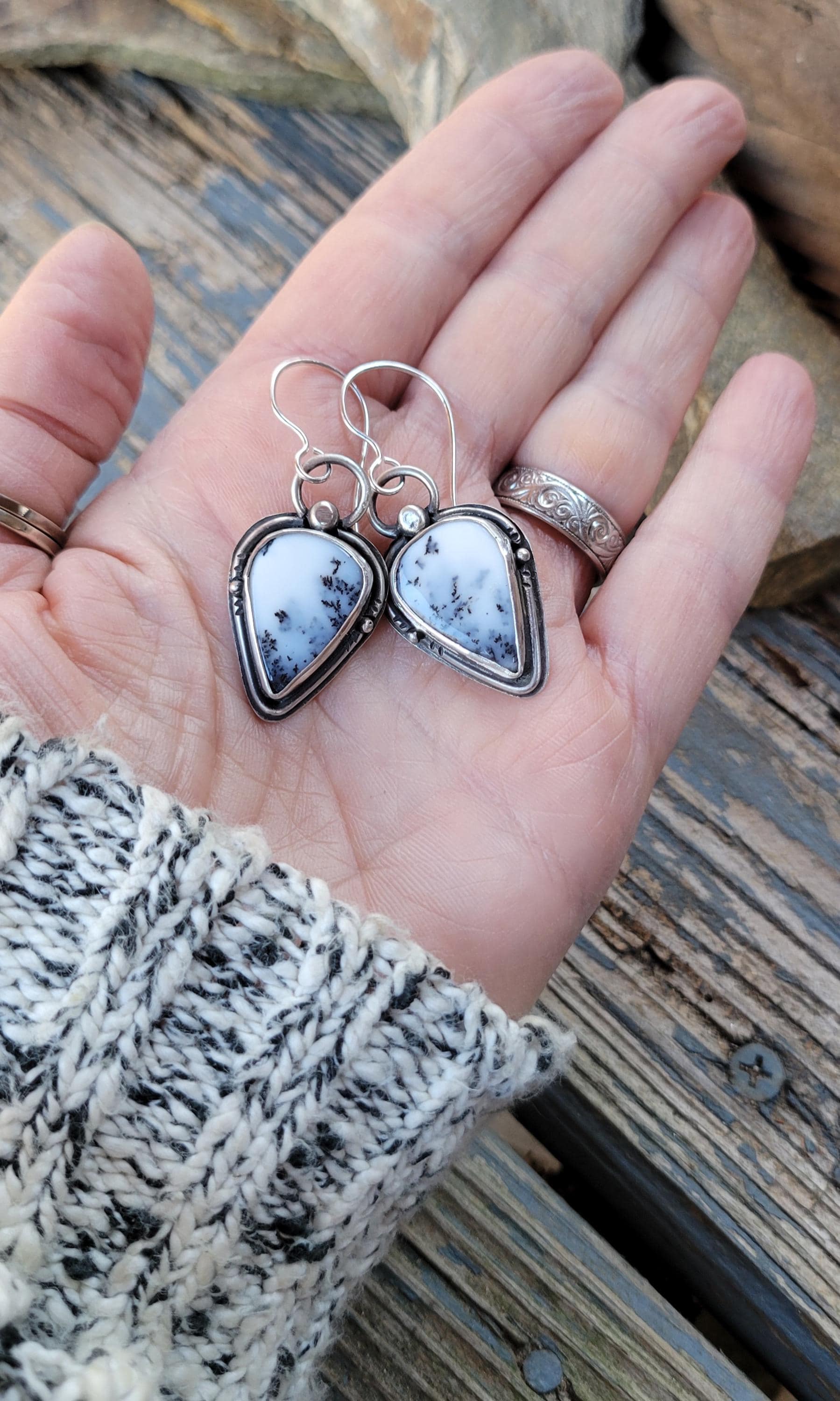 Dendritic Agate Sterling Silver Earrings - handmade, scenic stones, snow, winter, gray, white, modern, dangle, drop, light, beautiful gift