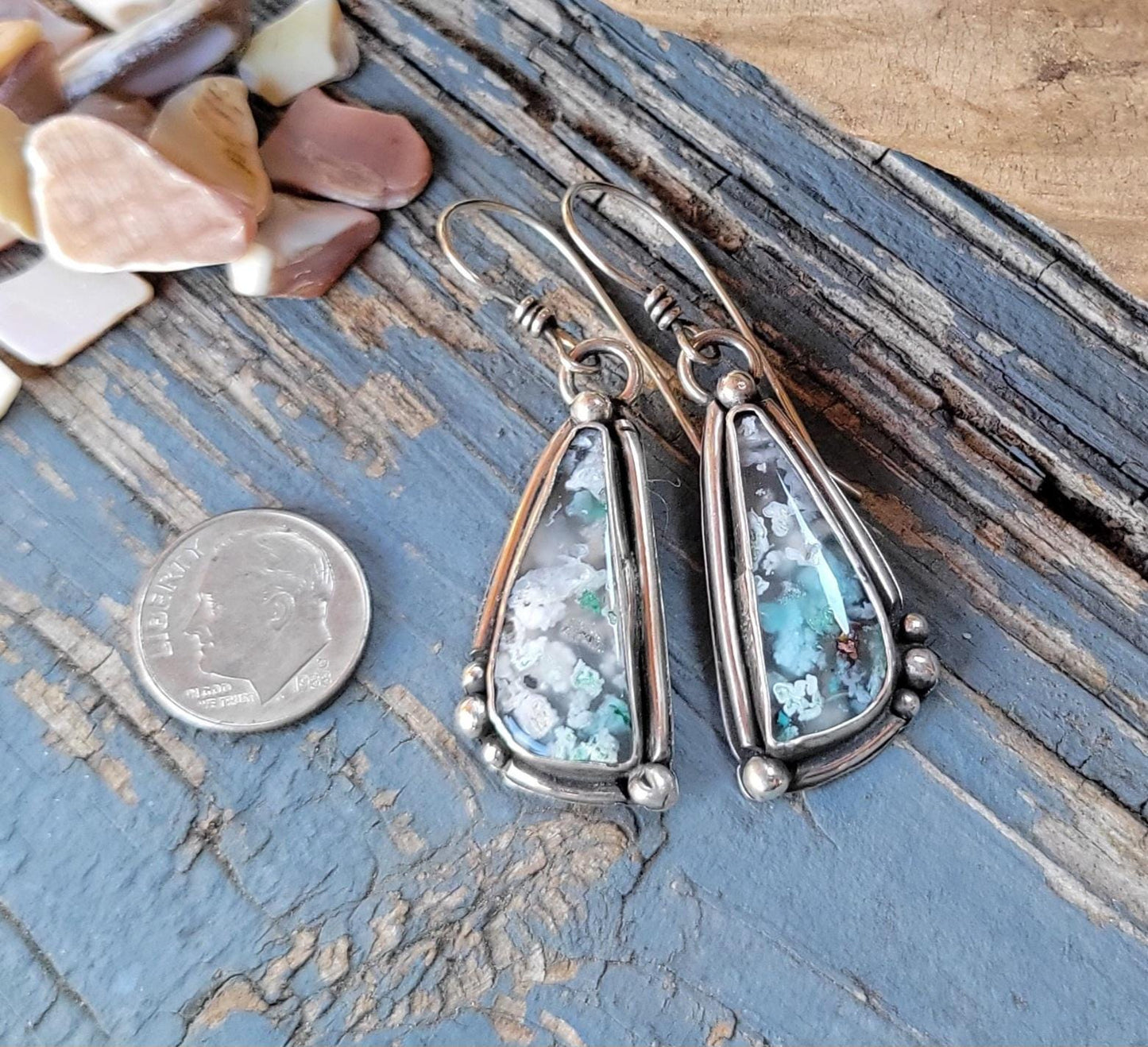 Sugarwater Snowflake Agate Dangle Earrings - sterling silver, handmade, blue, white, speckled, unique, lightweight open back, beautiful gift