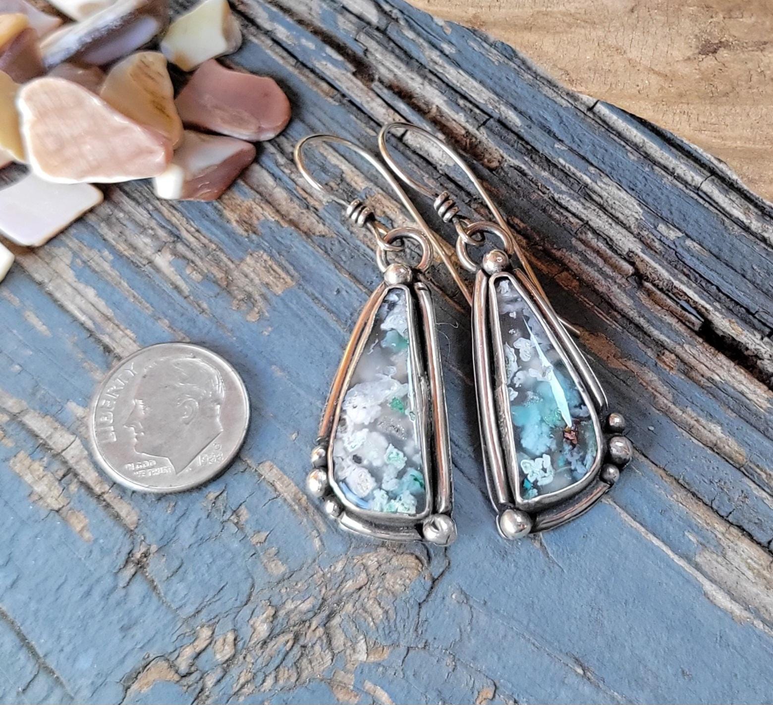 Sugarwater Snowflake Agate Dangle Earrings - sterling silver, handmade, blue, white, speckled, unique, lightweight open back, beautiful gift