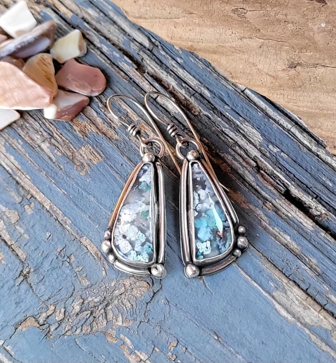 Sugarwater Snowflake Agate Dangle Earrings - sterling silver, handmade, blue, white, speckled, unique, lightweight open back, beautiful gift