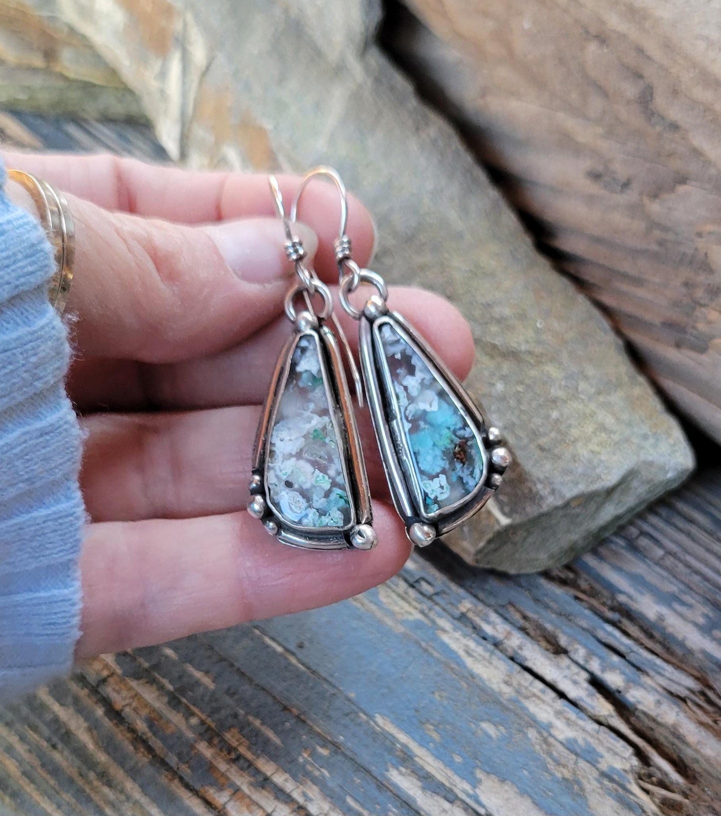Sugarwater Snowflake Agate Dangle Earrings - sterling silver, handmade, blue, white, speckled, unique, lightweight open back, beautiful gift