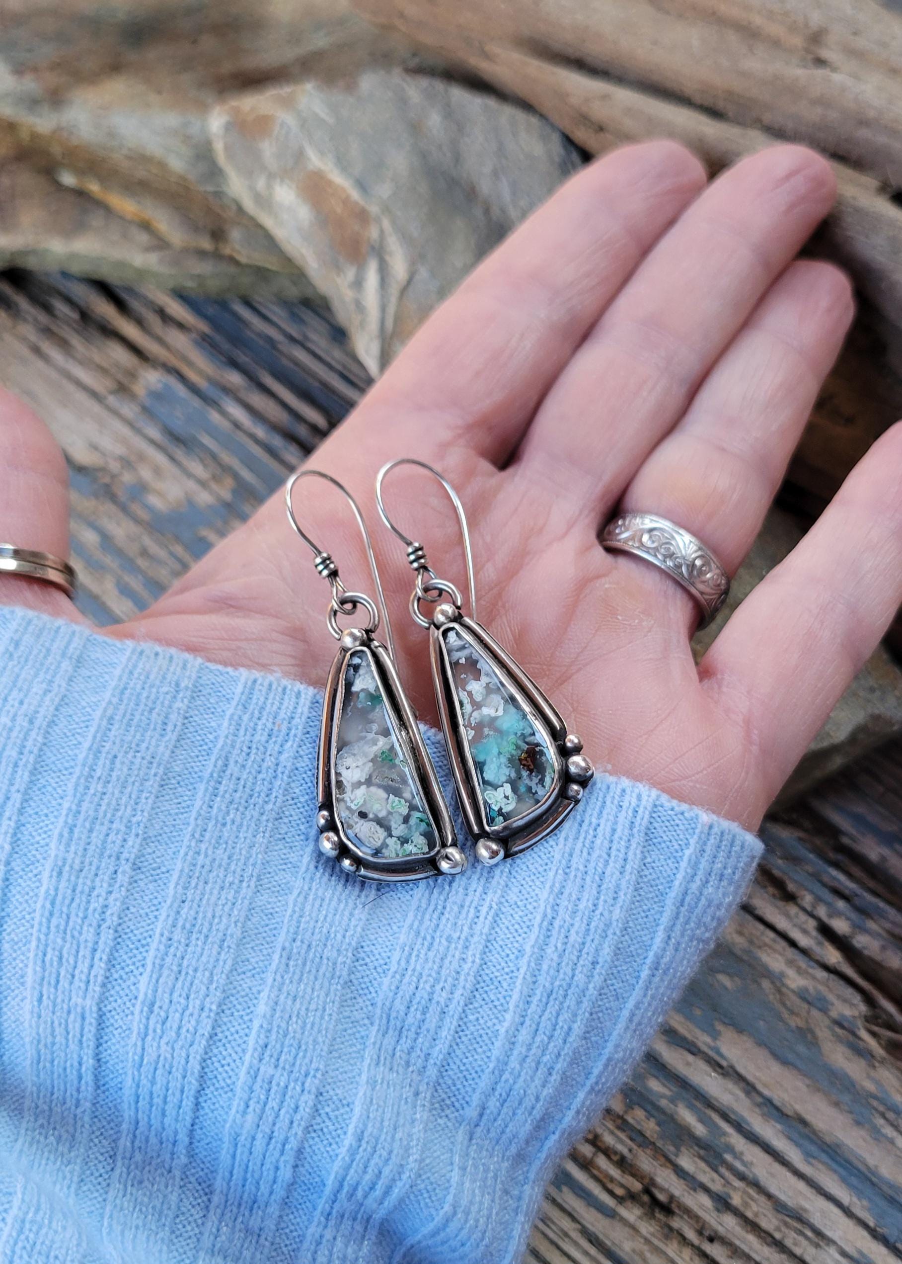 Sugarwater Snowflake Agate Dangle Earrings - sterling silver, handmade, blue, white, speckled, unique, lightweight open back, beautiful gift