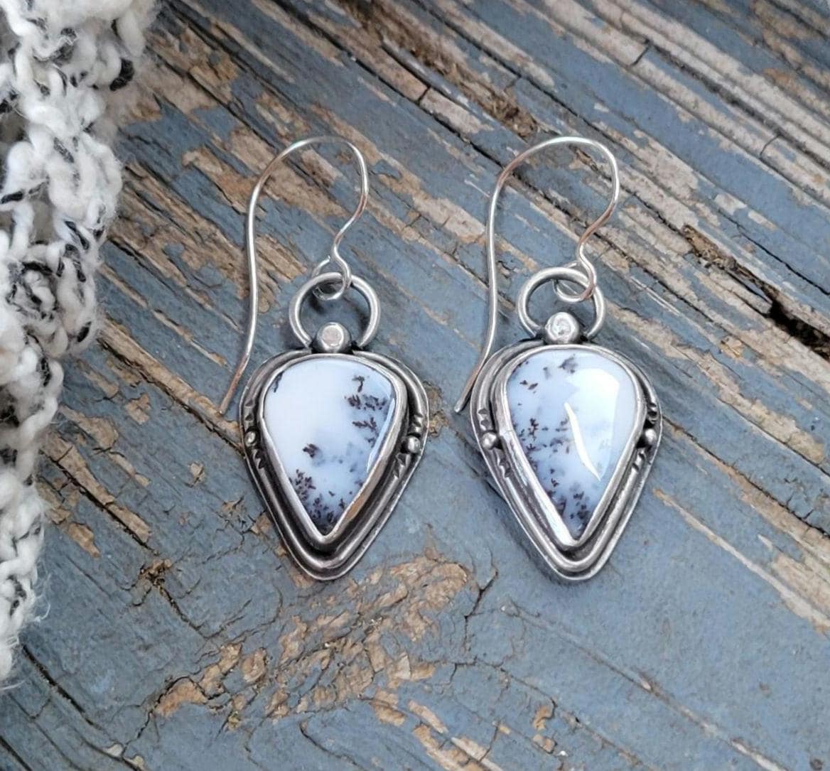 Dendritic Agate Sterling Silver Earrings - handmade, scenic stones, snow, winter, gray, white, modern, dangle, drop, light, beautiful gift