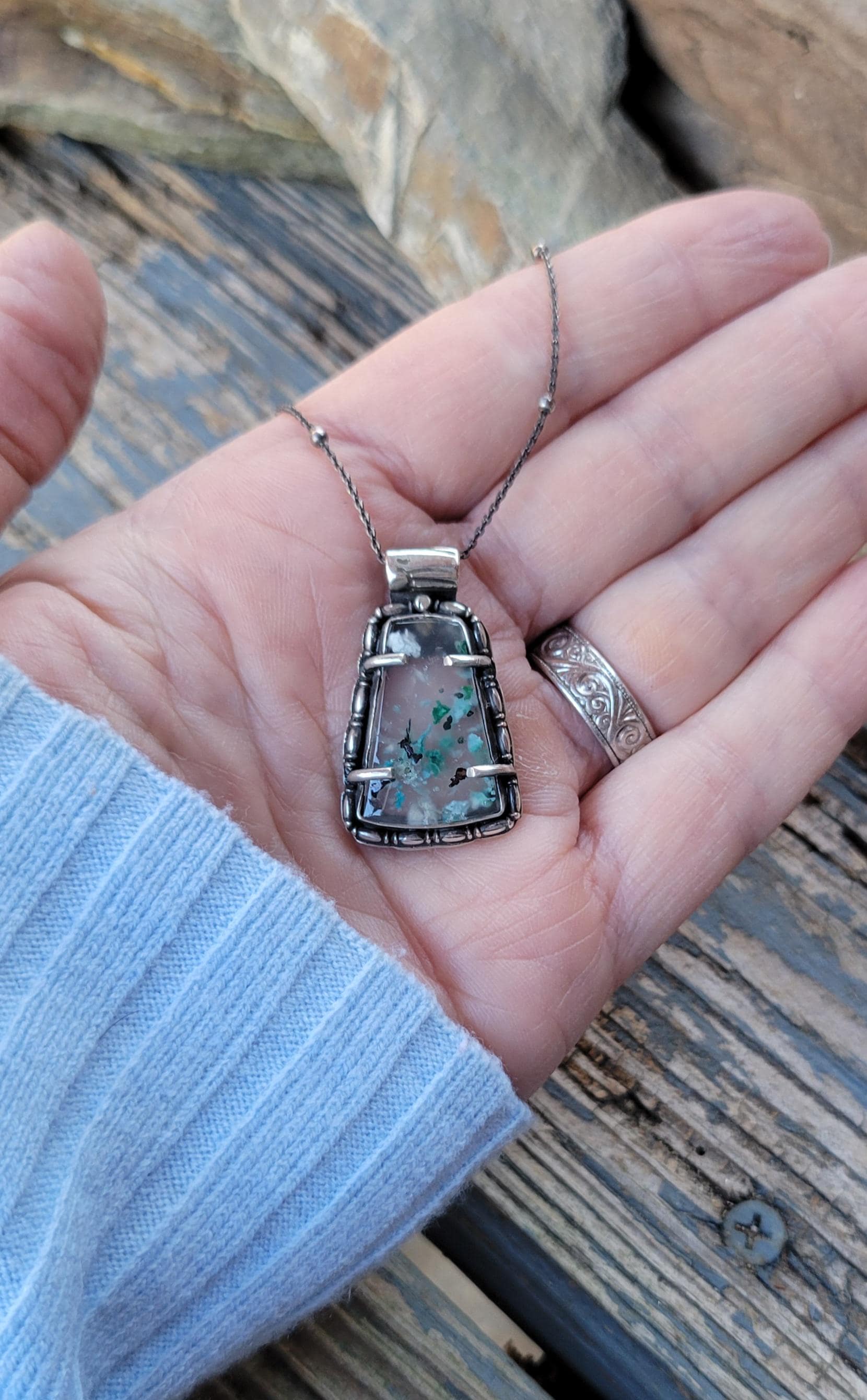 Sugarwater Snowflake Agate Pendant Necklace - sterling silver, handmade, blue, white, speckled, unque lightweight open back, beautiful gift