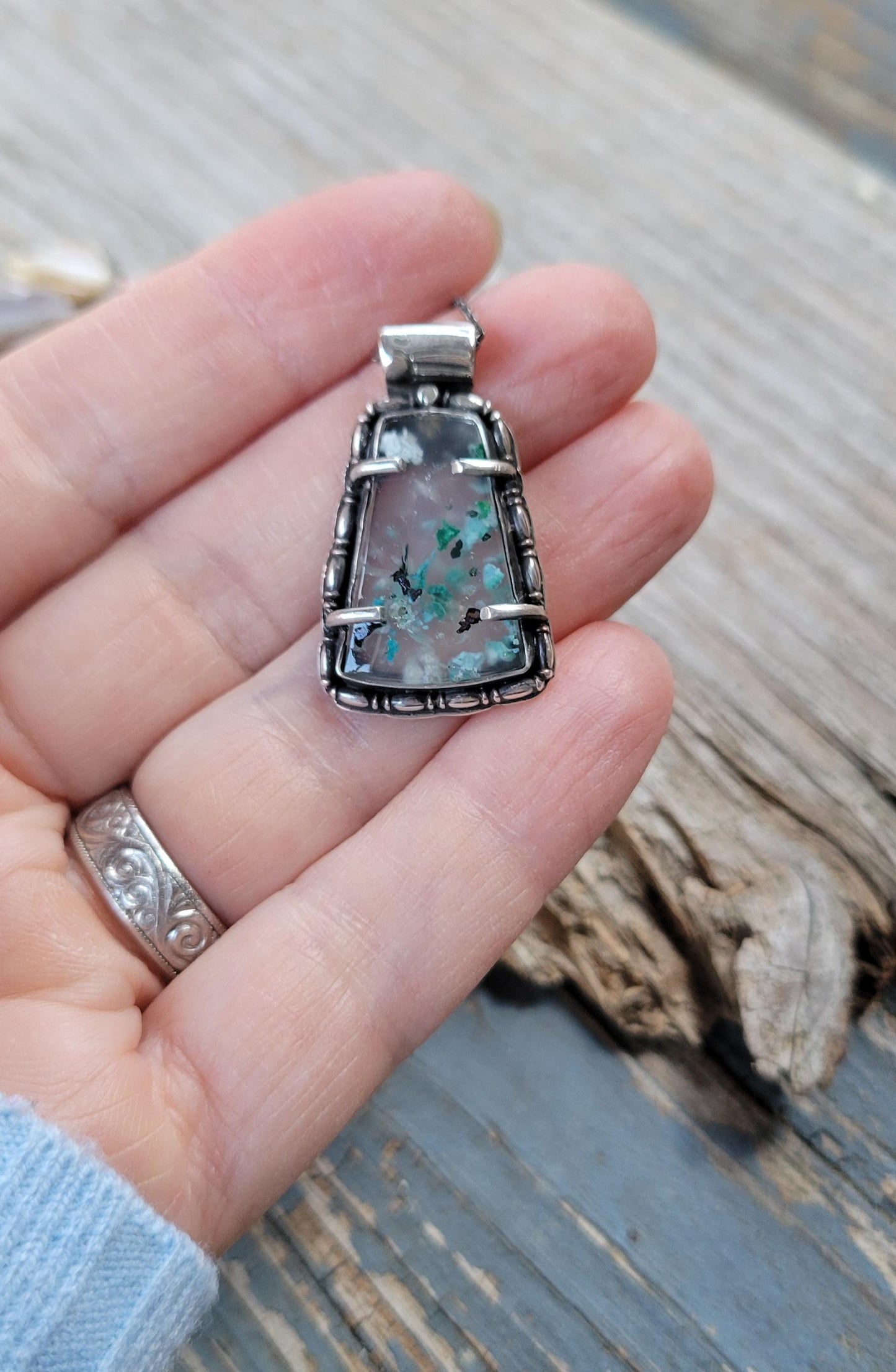 Sugarwater Snowflake Agate Pendant Necklace - sterling silver, handmade, blue, white, speckled, unque lightweight open back, beautiful gift