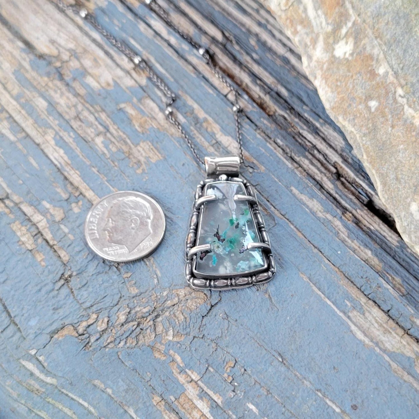 Sugarwater Snowflake Agate Pendant Necklace - sterling silver, handmade, blue, white, speckled, unque lightweight open back, beautiful gift