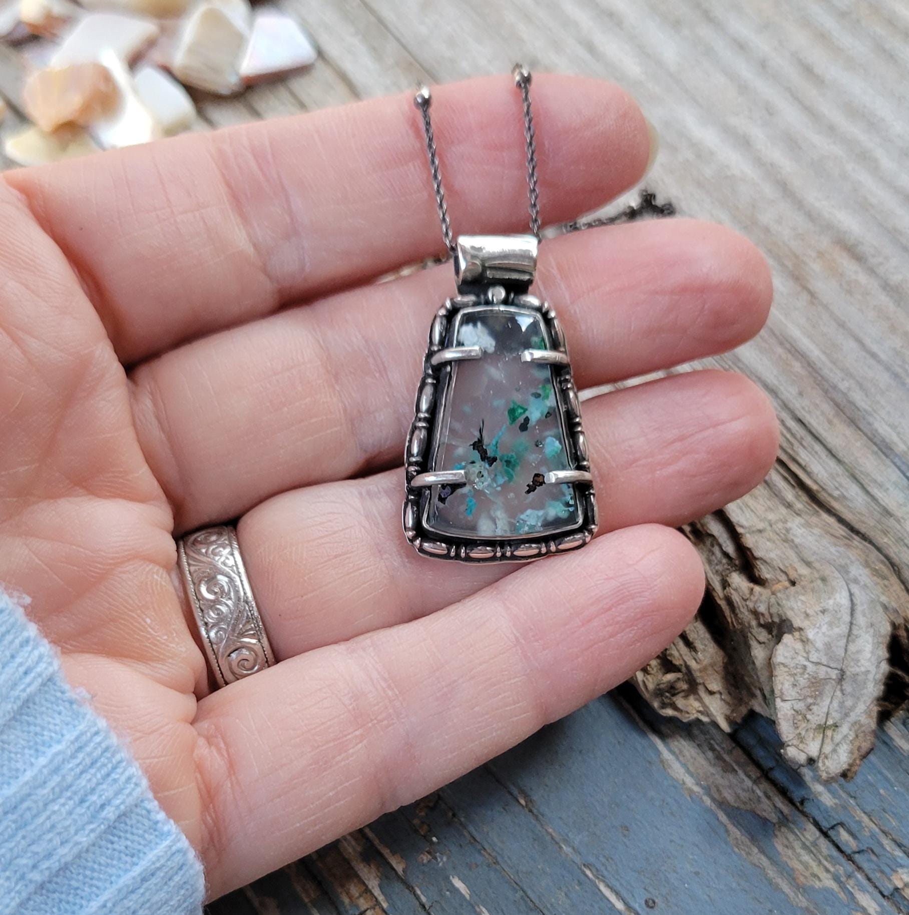 Sugarwater Snowflake Agate Pendant Necklace - sterling silver, handmade, blue, white, speckled, unque lightweight open back, beautiful gift