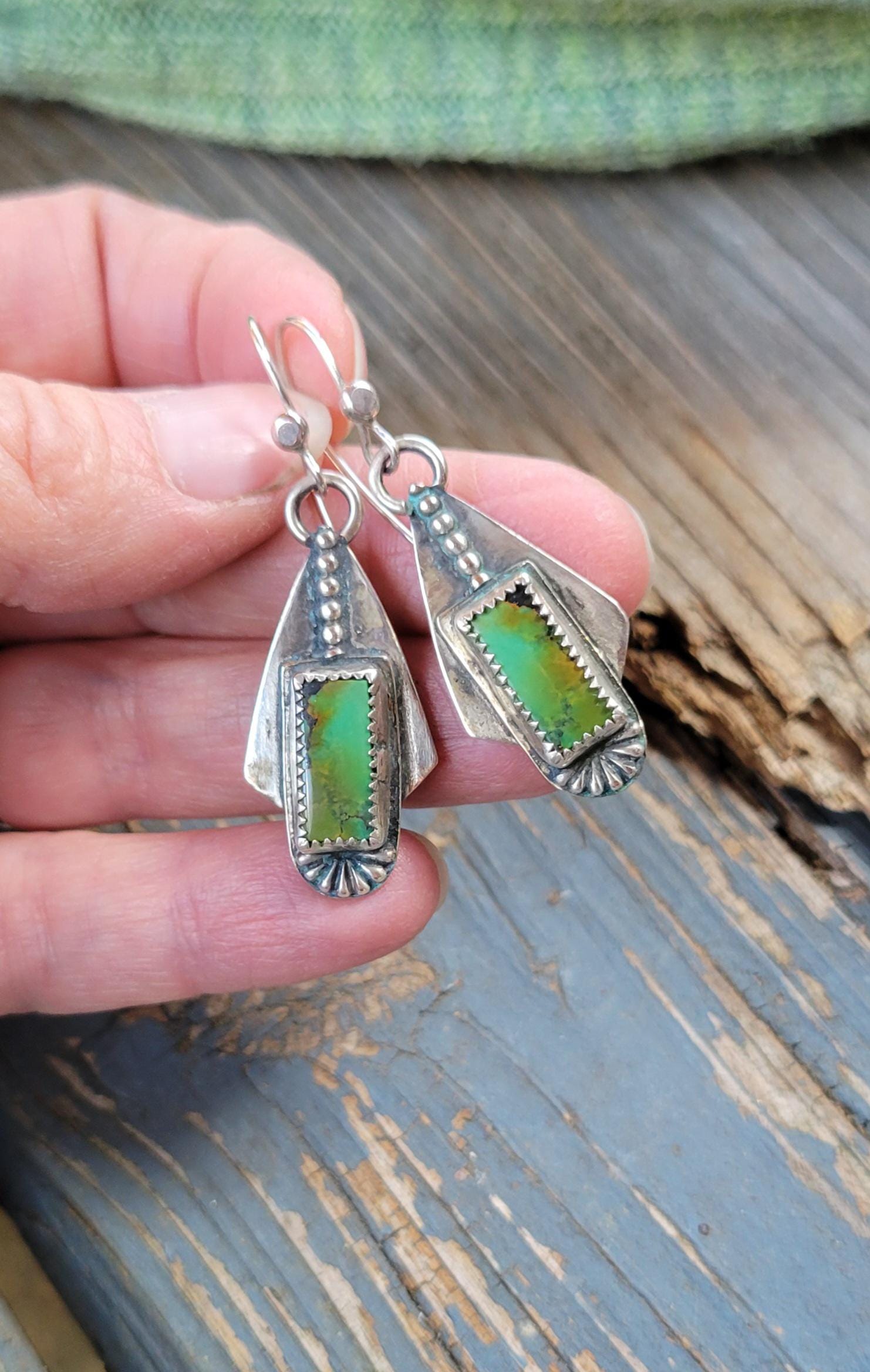 Green Turquoise Handmade Dangle Earrings - sterling silver, pattern back, modern, edgy, dotted, hubei quingu, lightweight, beautiful gift