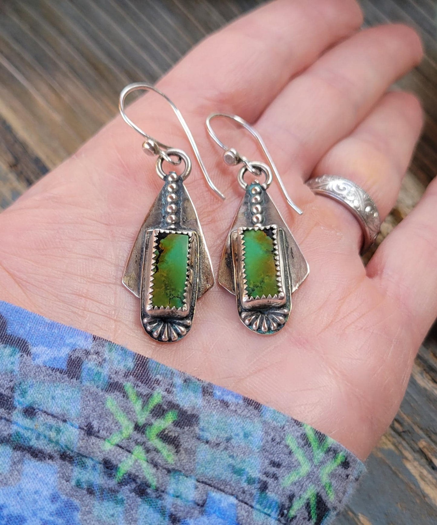 Green Turquoise Handmade Dangle Earrings - sterling silver, pattern back, modern, edgy, dotted, hubei quingu, lightweight, beautiful gift