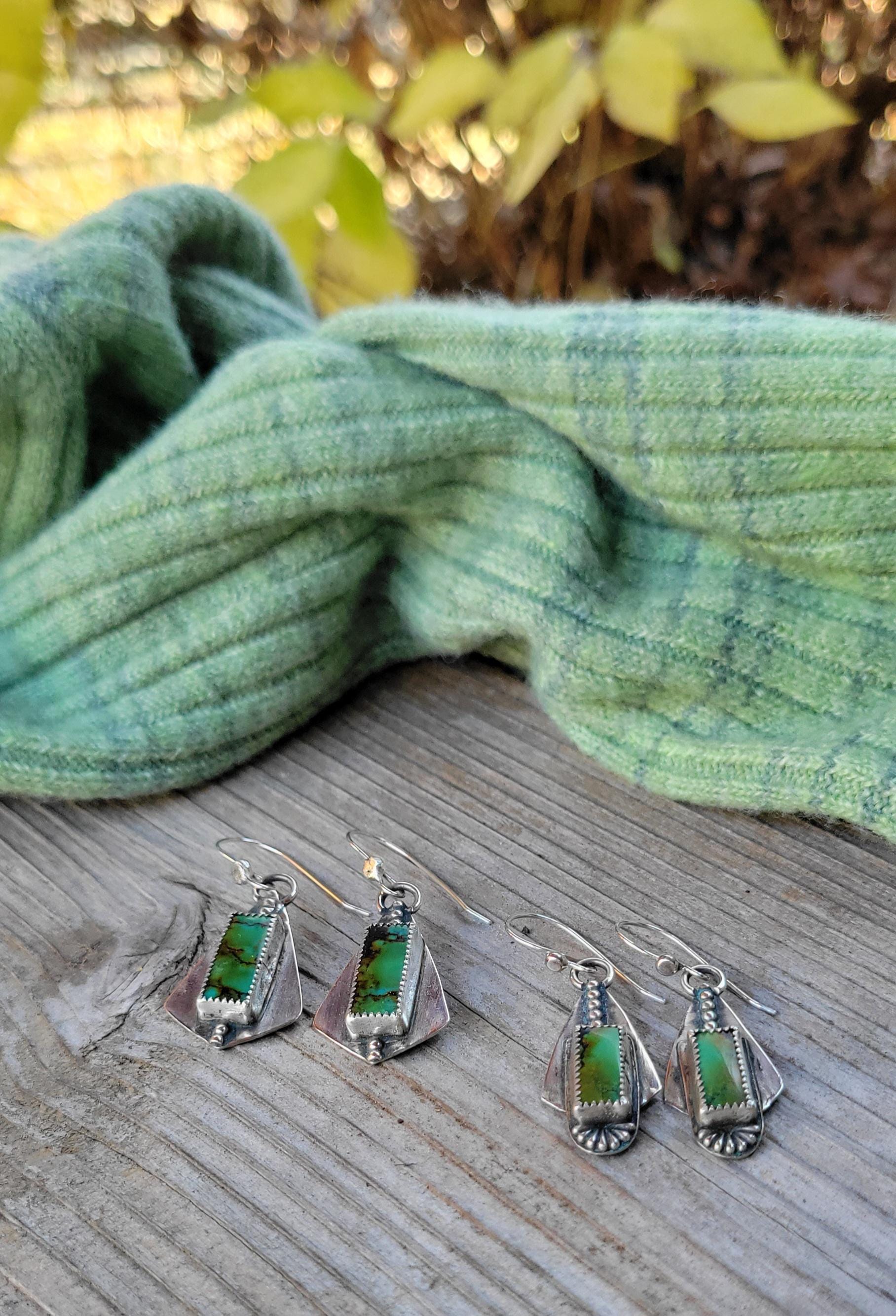 Green Turquoise Handmade Dangle Earrings - sterling silver, pattern back, modern, edgy, dotted, hubei quingu, lightweight, beautiful gift