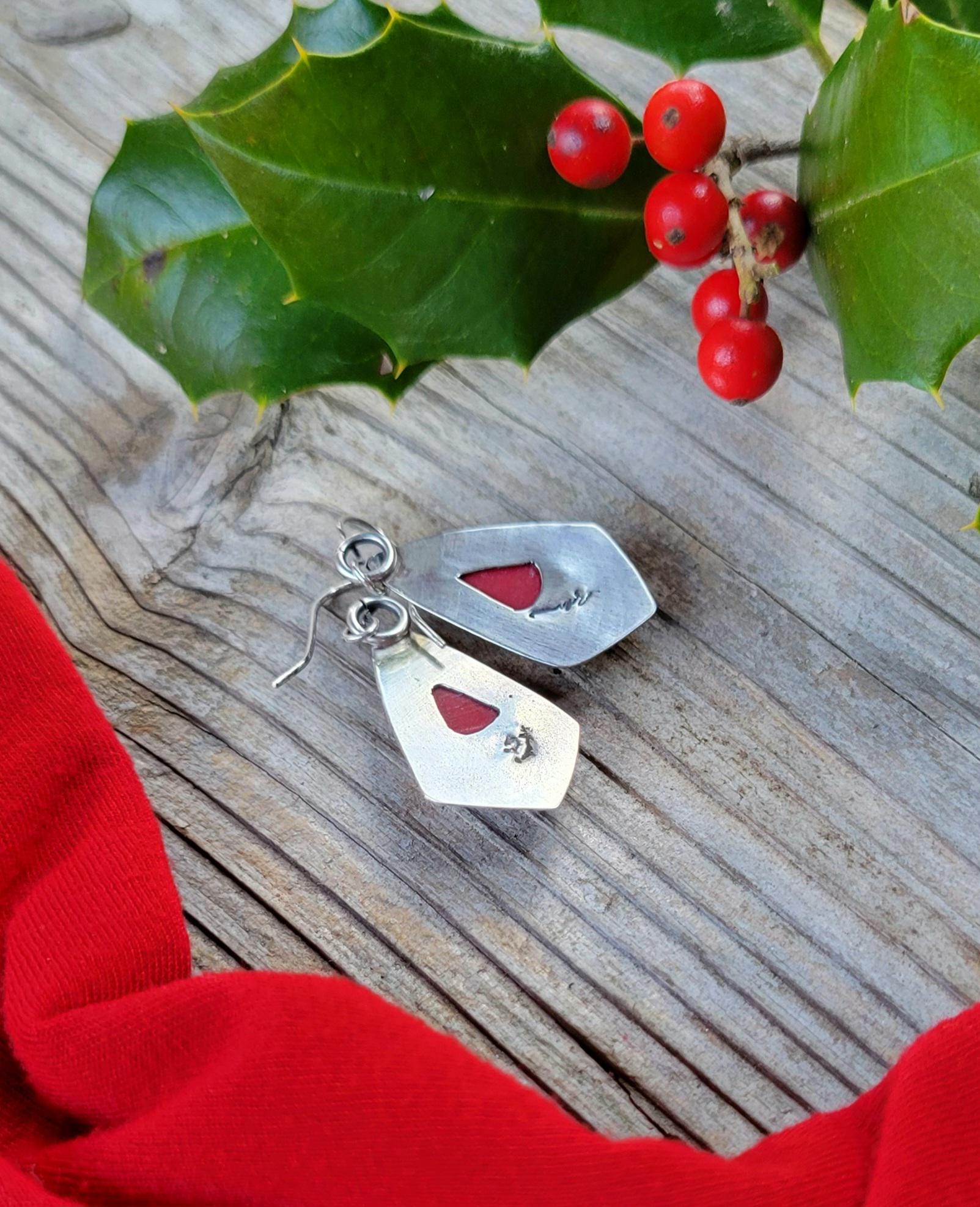Rosarita Red Silver Earrings - handmade, sterling, open back, pattern, festive, Christmas, holly berry red, extremely light, beautiful gift