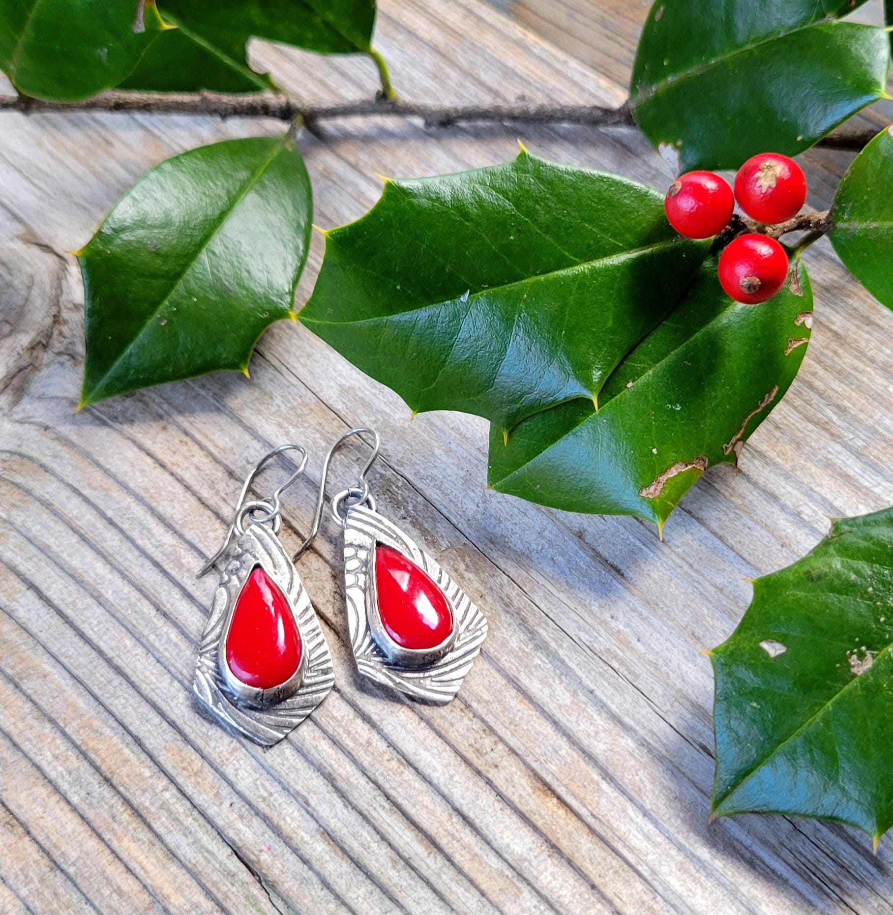 Rosarita Red Silver Earrings - handmade, sterling, open back, pattern, festive, Christmas, holly berry red, extremely light, beautiful gift