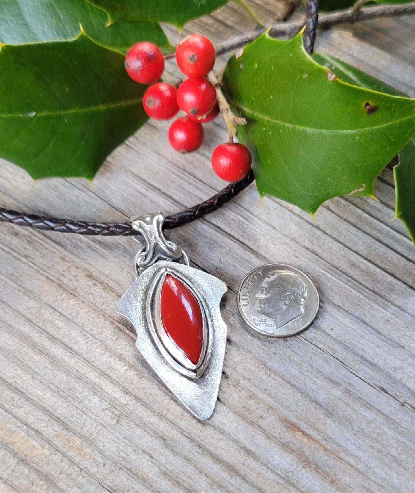 Rosarita Red Arrowhead Pendant Leather Necklace - handmade, sterling silver pendant, open back, black leather, silver clasp, beautiful gift
