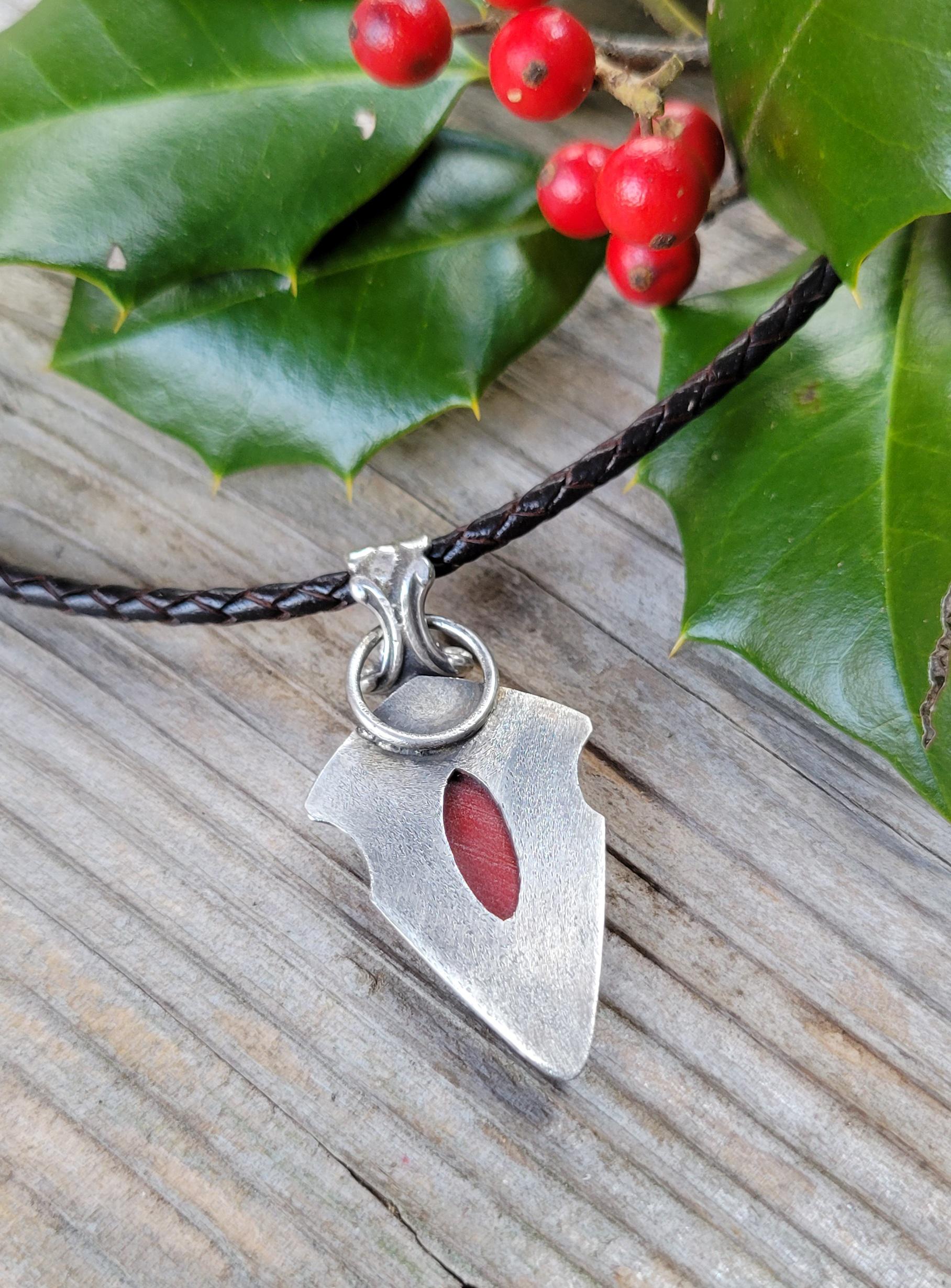 Rosarita Red Arrowhead Pendant Leather Necklace - handmade, sterling silver pendant, open back, black leather, silver clasp, beautiful gift