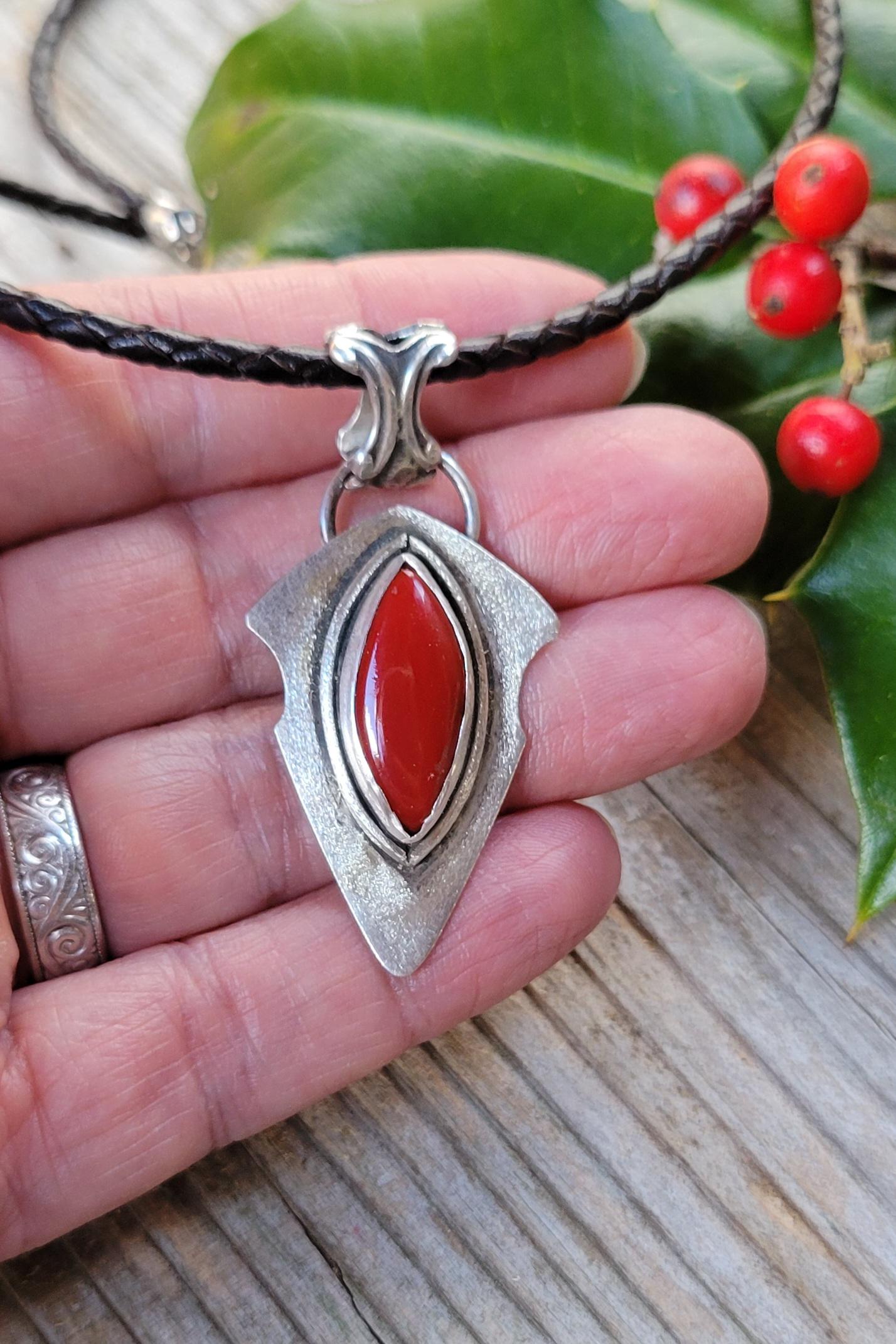 Rosarita Red Arrowhead Pendant Leather Necklace - handmade, sterling silver pendant, open back, black leather, silver clasp, beautiful gift