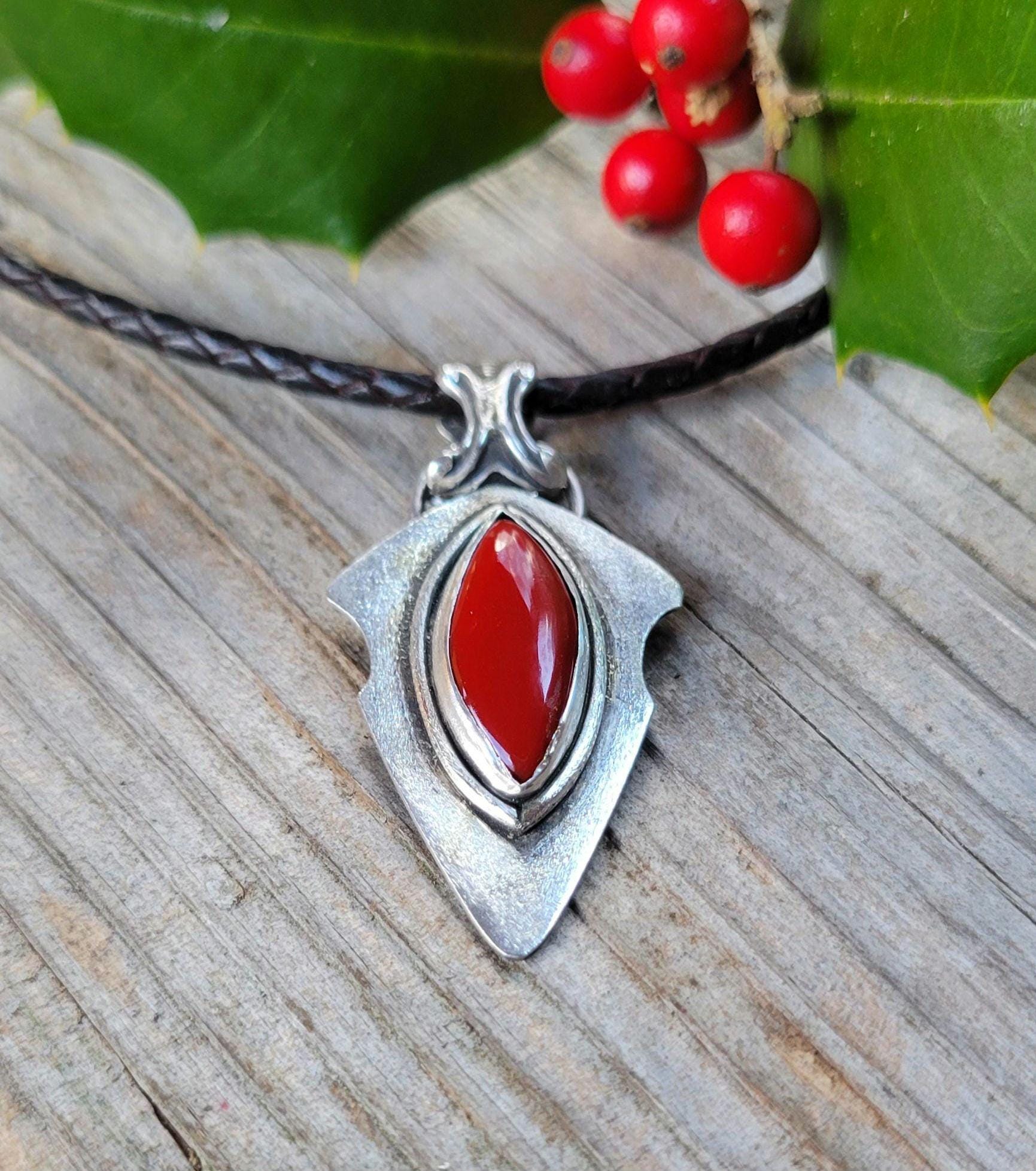 Rosarita Red Arrowhead Pendant Leather Necklace - handmade, sterling silver pendant, open back, black leather, silver clasp, beautiful gift