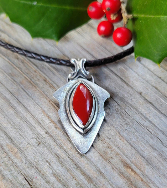 Rosarita Red Arrowhead Pendant Leather Necklace - handmade, sterling silver pendant, open back, black leather, silver clasp, beautiful gift