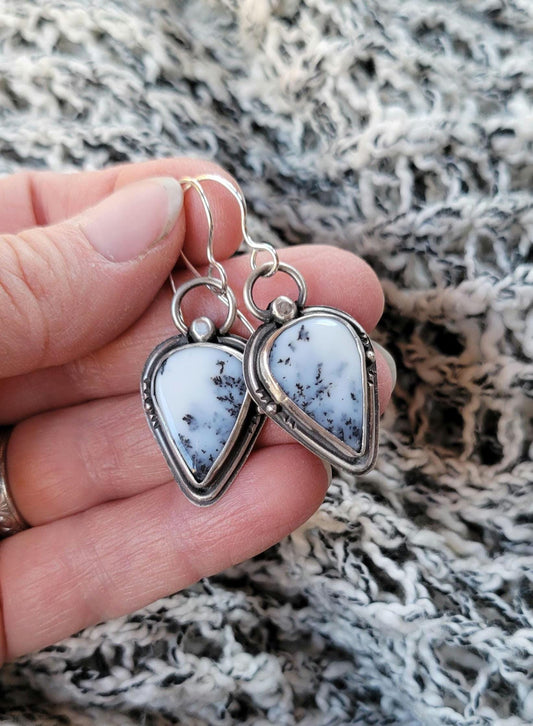 Dendritic Agate Sterling Silver Earrings - handmade, scenic stones, snow, winter, gray, white, modern, dangle, drop, light, beautiful gift