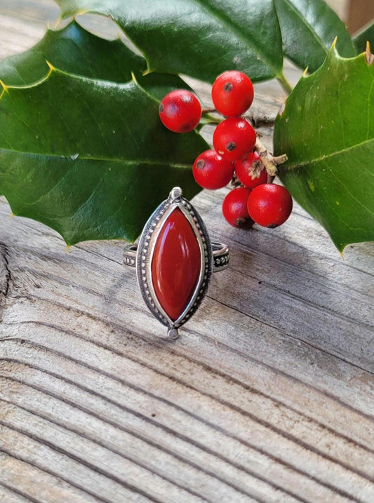 Rosarita Red Silver Ring - handmade, sterling silver, marquise cut, beautiful gift, Size 7.5 USA