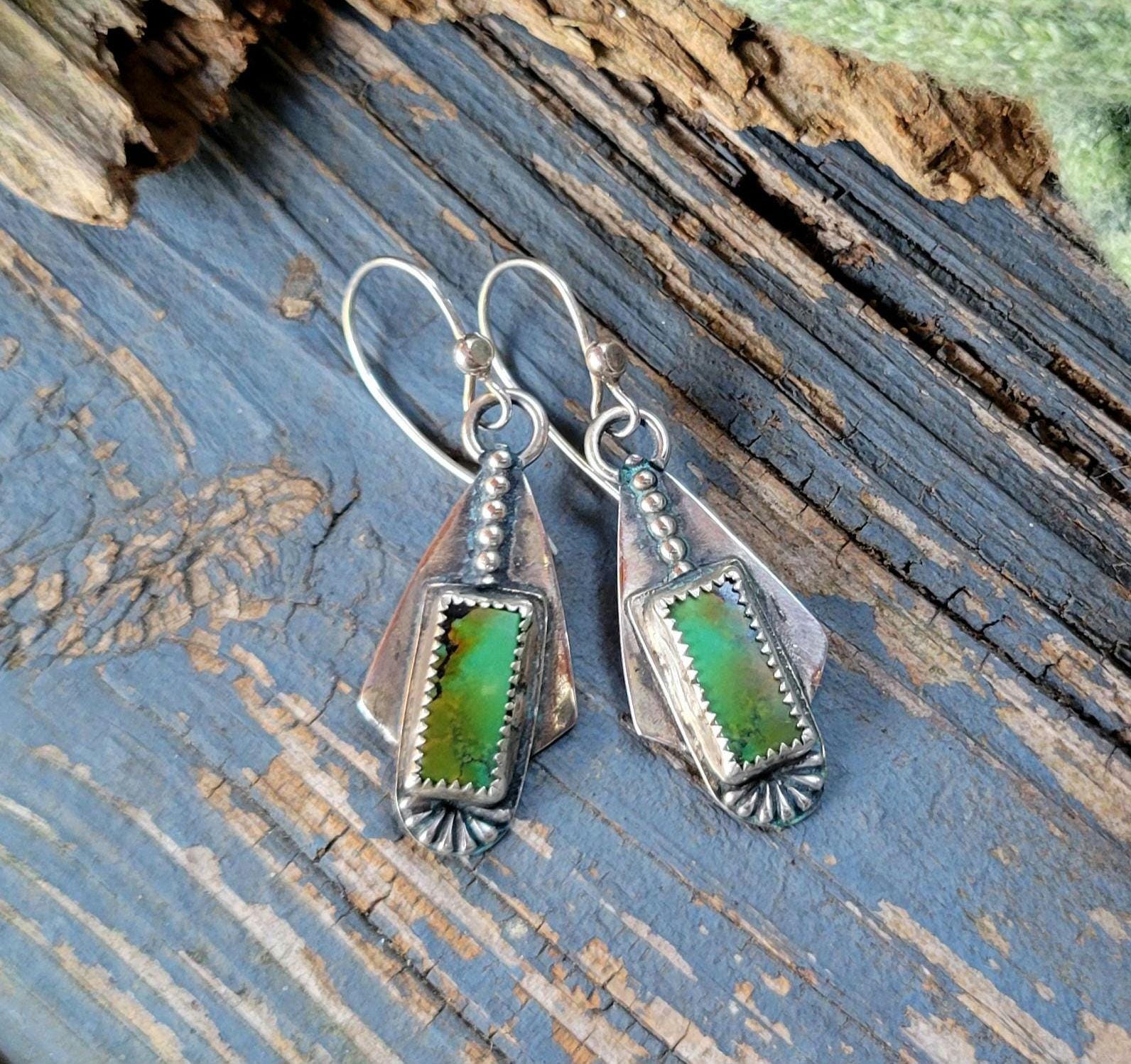 Green Turquoise Handmade Dangle Earrings - sterling silver, pattern back, modern, edgy, dotted, hubei quingu, lightweight, beautiful gift