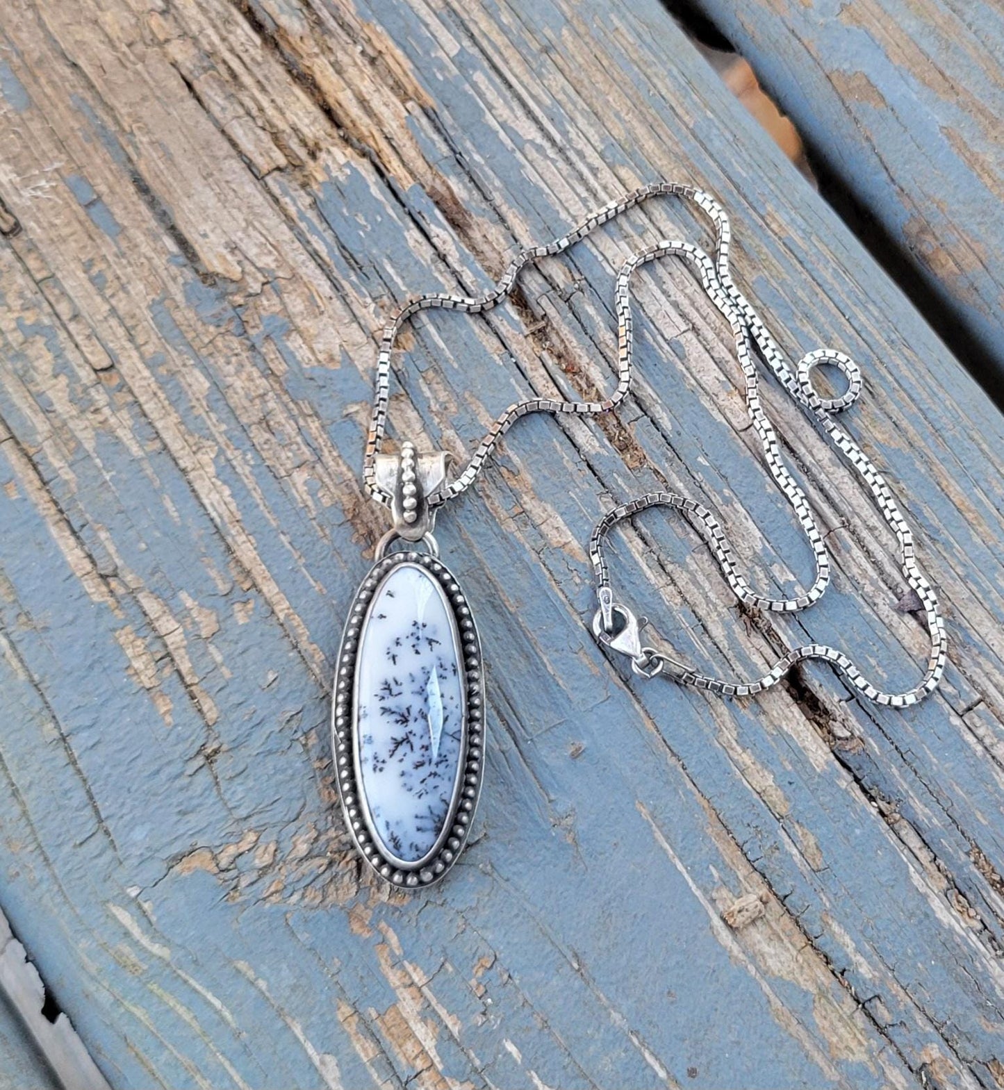 Dendritic Agate Sterling Silver Pendant Necklace - handmade, scenic stone, snow, winter, gray, white, modern but classic, beautiful gift