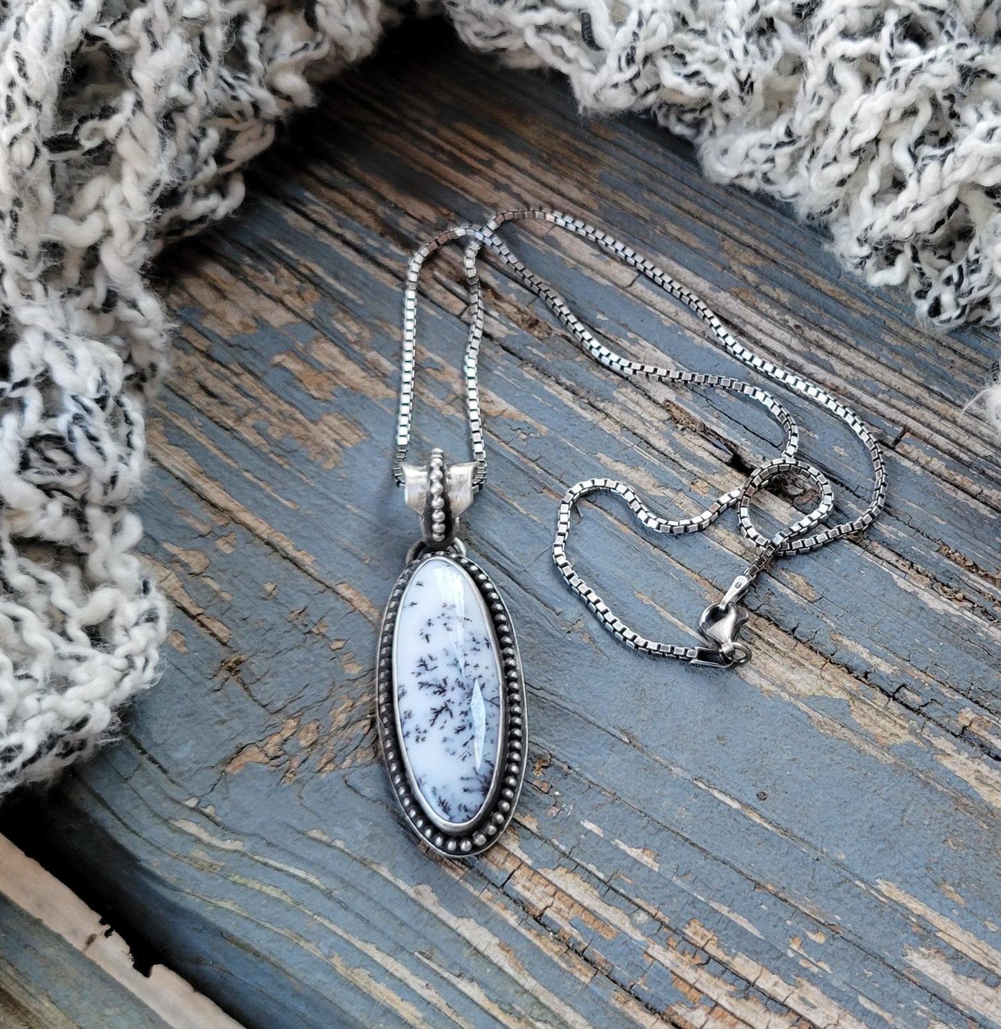 Dendritic Agate Sterling Silver Pendant Necklace - handmade, scenic stone, snow, winter, gray, white, modern but classic, beautiful gift
