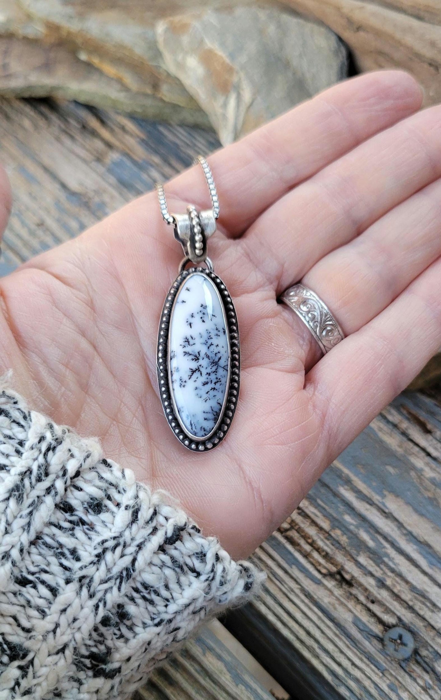 Dendritic Agate Sterling Silver Pendant Necklace - handmade, scenic stone, snow, winter, gray, white, modern but classic, beautiful gift