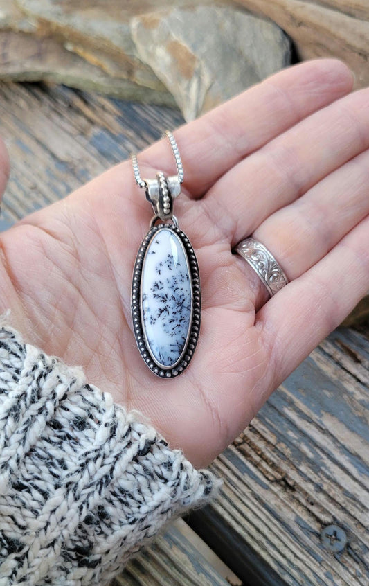 Dendritic Agate Sterling Silver Pendant Necklace - handmade, scenic stone, snow, winter, gray, white, modern but classic, beautiful gift