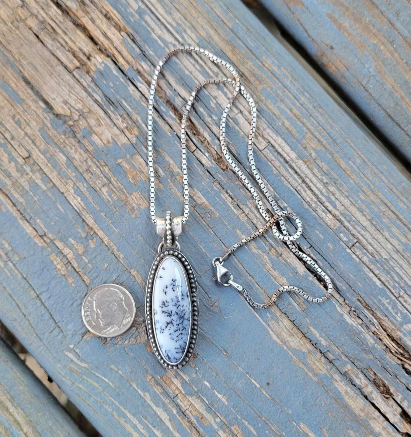 Dendritic Agate Sterling Silver Pendant Necklace - handmade, scenic stone, snow, winter, gray, white, modern but classic, beautiful gift