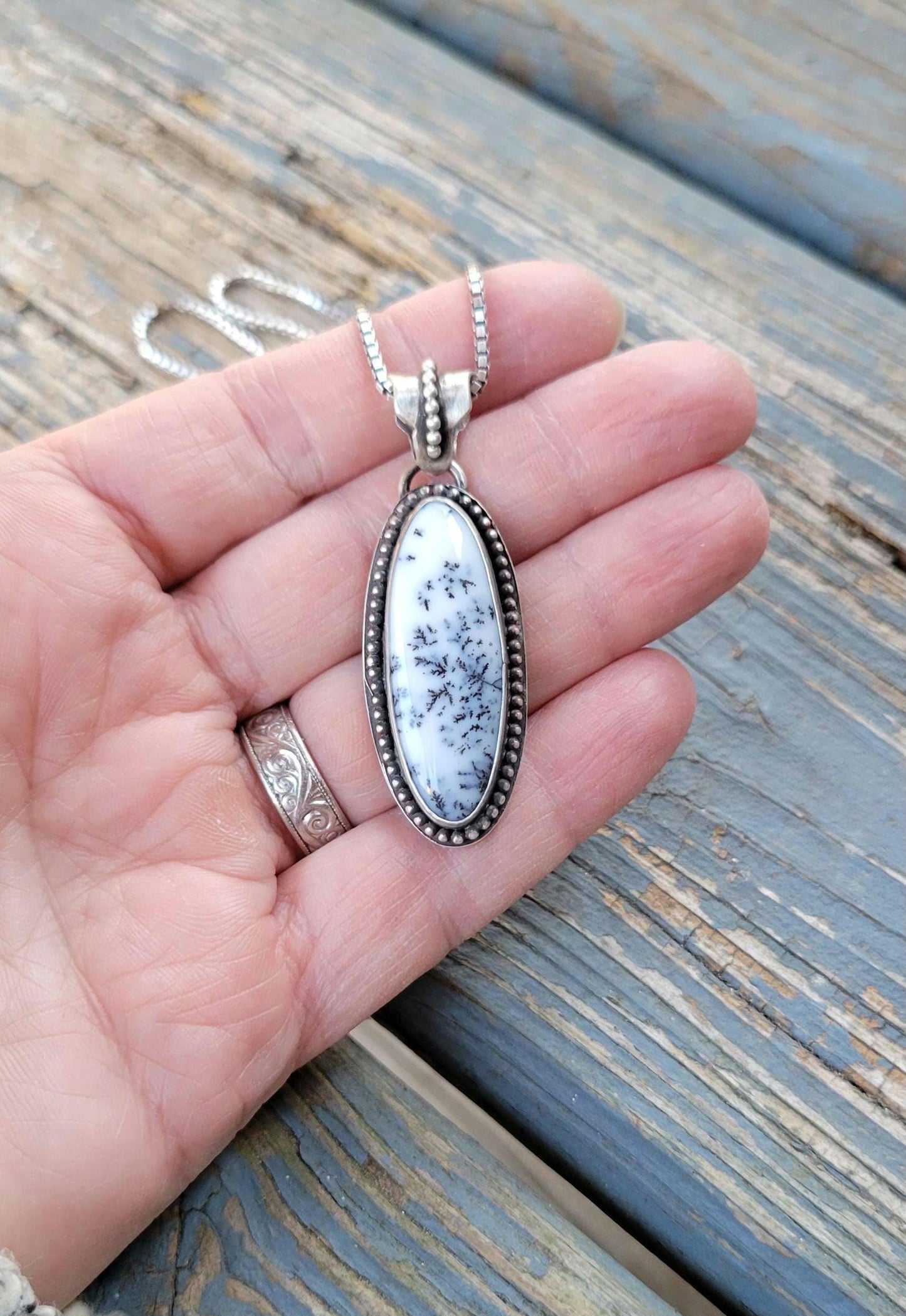 Dendritic Agate Sterling Silver Pendant Necklace - handmade, scenic stone, snow, winter, gray, white, modern but classic, beautiful gift
