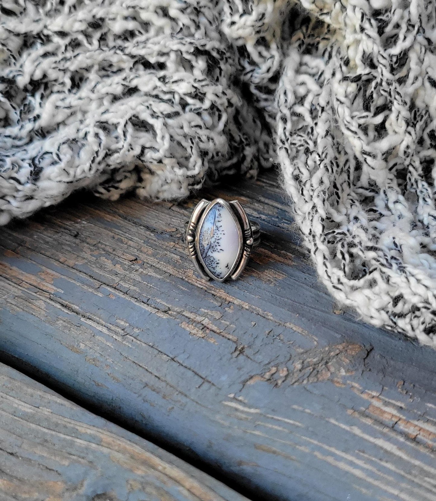 Dendritic Agate Sterling Silver Ring - handmade, scenic stone, snow, winter, gray, white, modern but classic, beautiful gift, Size 7 USA