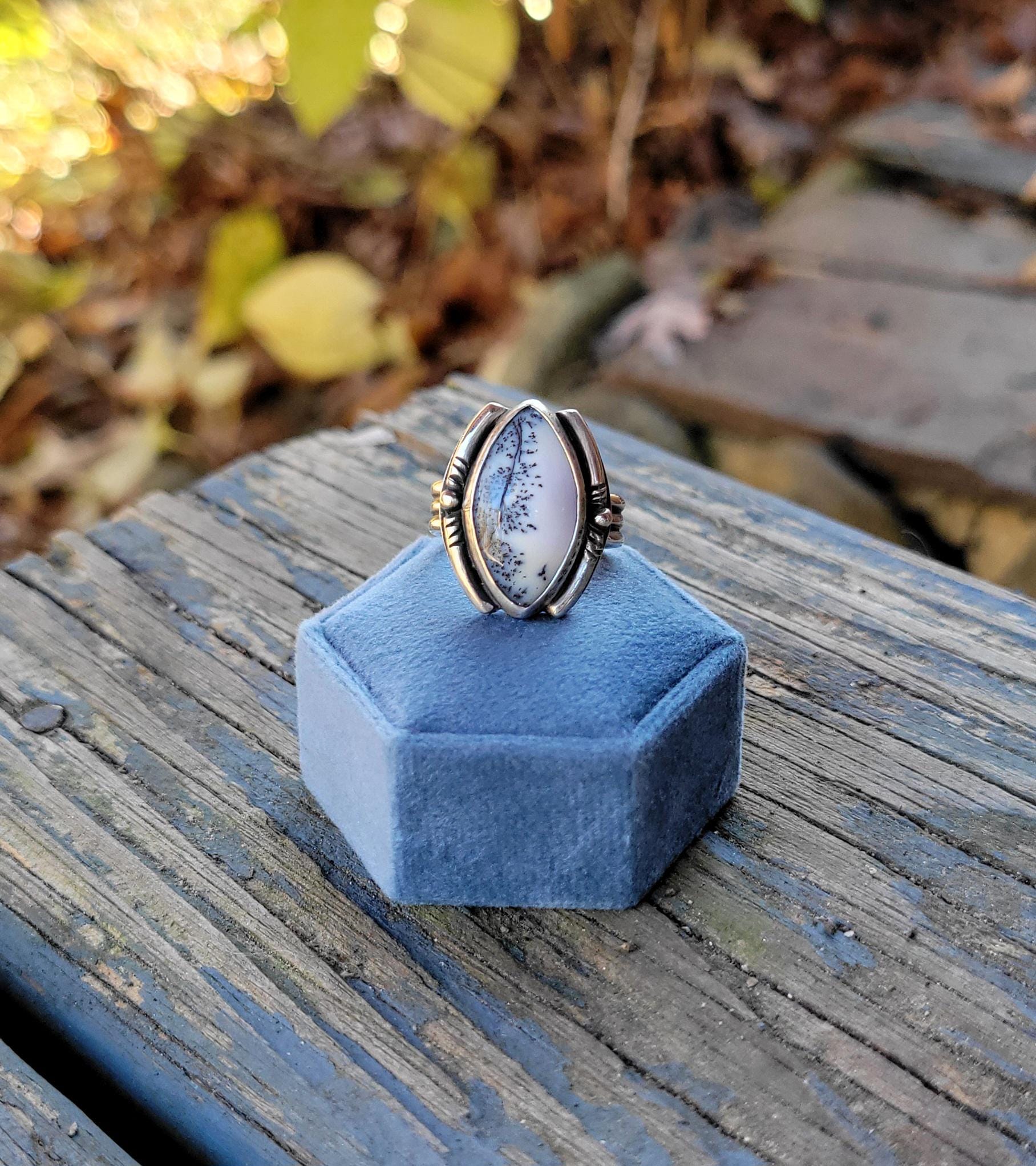 Dendritic Agate Sterling Silver Ring - handmade, scenic stone, snow, winter, gray, white, modern but classic, beautiful gift, Size 7 USA