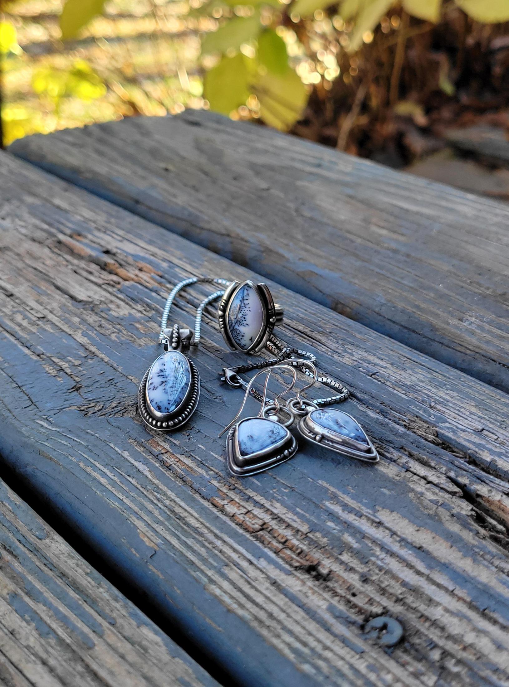 Dendritic Agate Sterling Silver Earrings - handmade, scenic stones, snow, winter, gray, white, modern, dangle, drop, light, beautiful gift