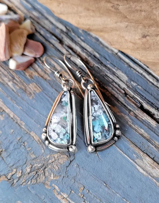 Sugarwater Snowflake Agate Dangle Earrings - sterling silver, handmade, blue, white, speckled, unique, lightweight open back, beautiful gift