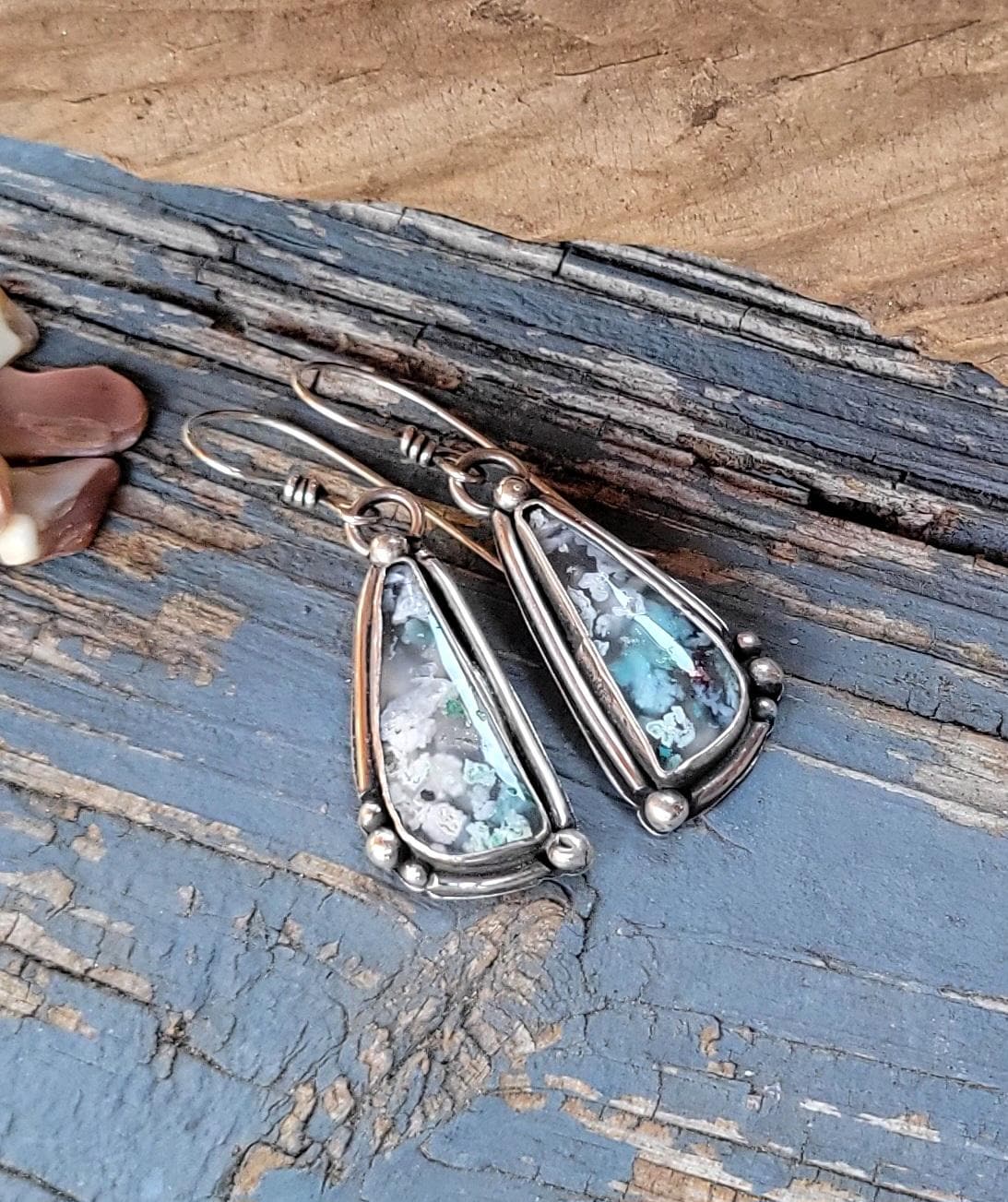 Sugarwater Snowflake Agate Dangle Earrings - sterling silver, handmade, blue, white, speckled, unique, lightweight open back, beautiful gift