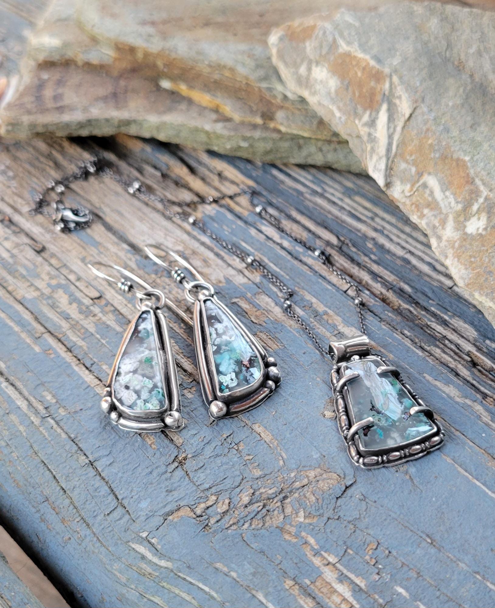 Sugarwater Snowflake Agate Dangle Earrings - sterling silver, handmade, blue, white, speckled, unique, lightweight open back, beautiful gift