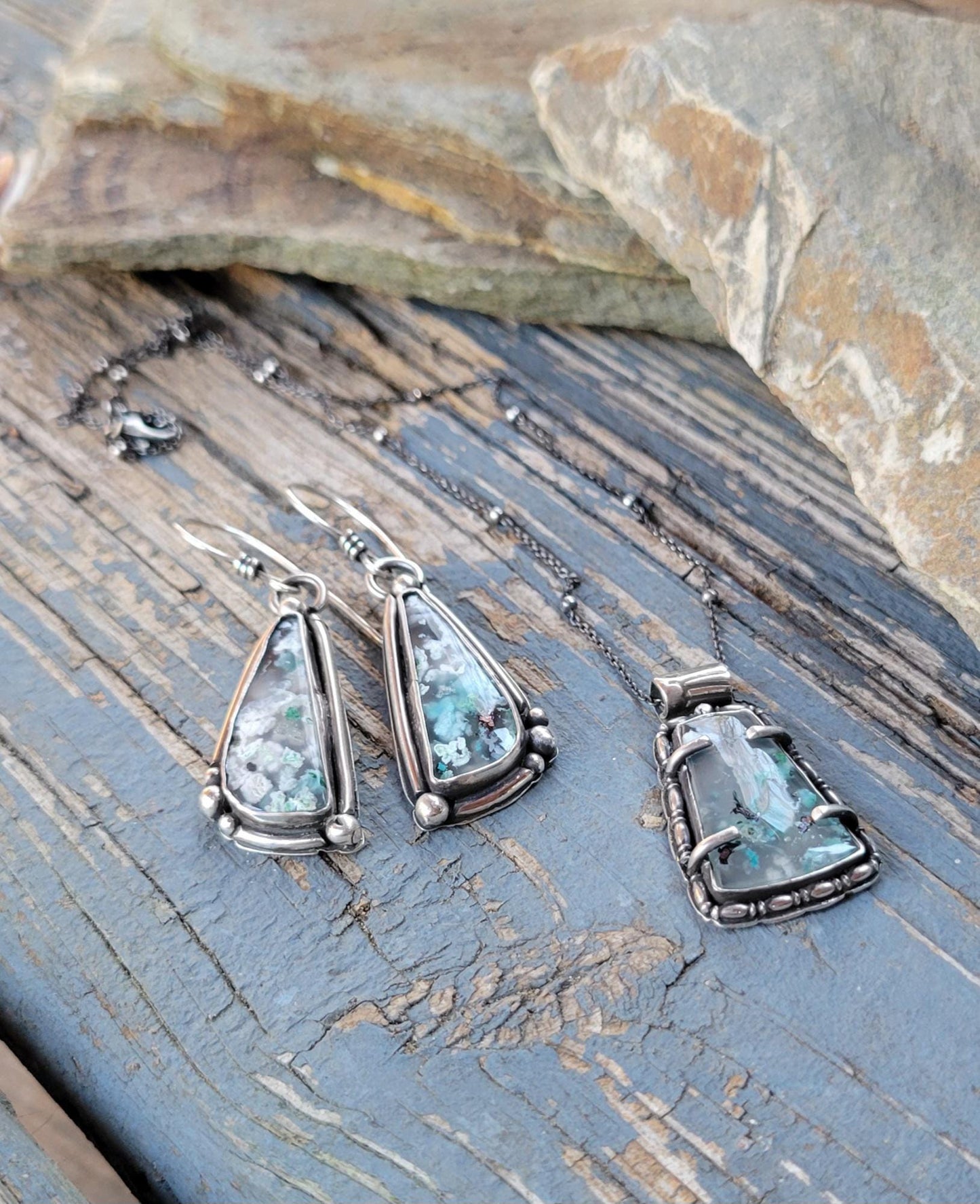 Sugarwater Snowflake Agate Pendant Necklace - sterling silver, handmade, blue, white, speckled, unque lightweight open back, beautiful gift