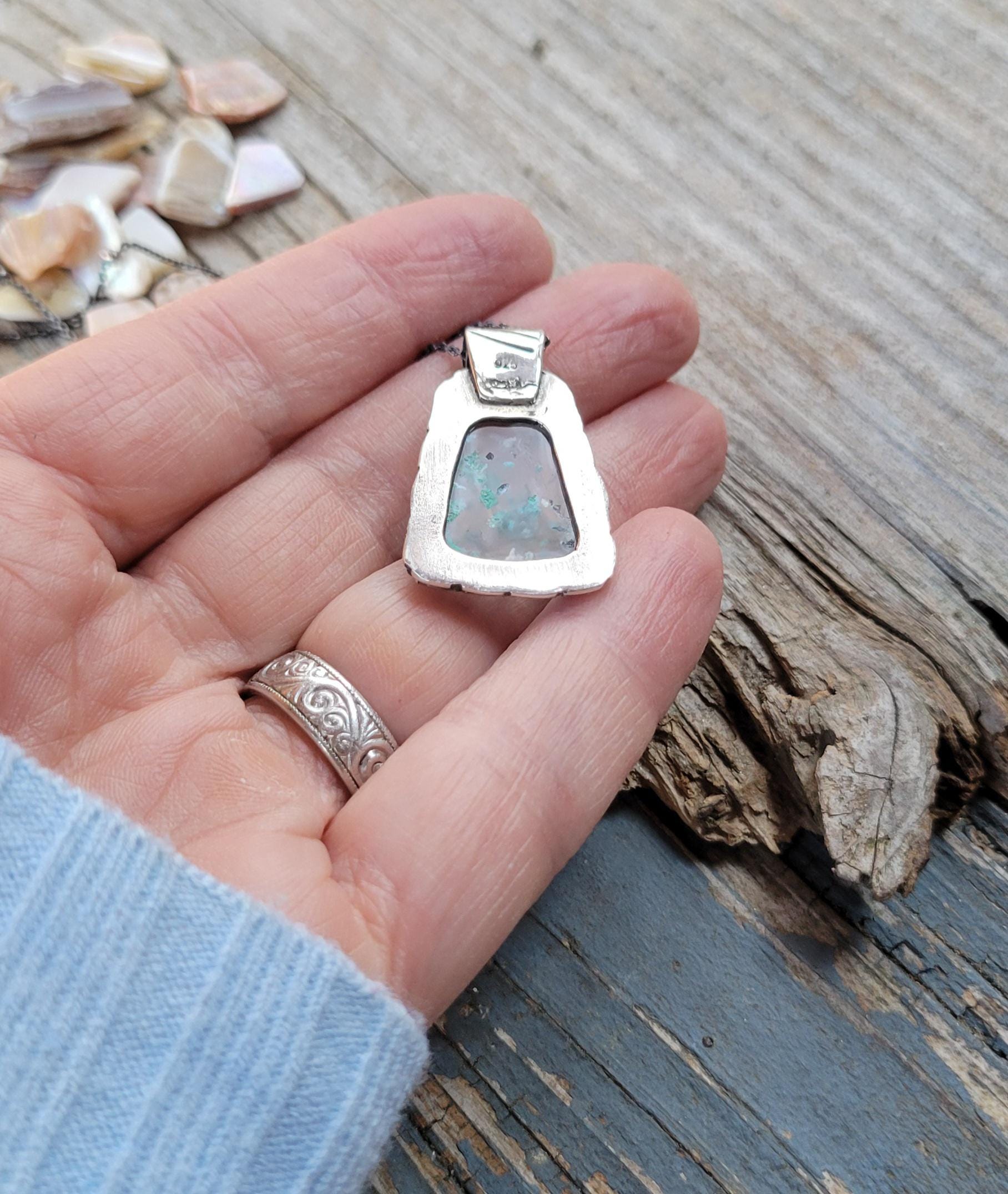 Sugarwater Snowflake Agate Pendant Necklace - sterling silver, handmade, blue, white, speckled, unque lightweight open back, beautiful gift