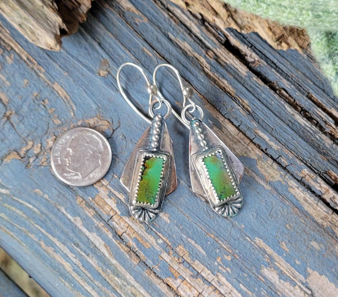 Green Turquoise Handmade Dangle Earrings - sterling silver, pattern back, modern, edgy, dotted, hubei quingu, lightweight, beautiful gift