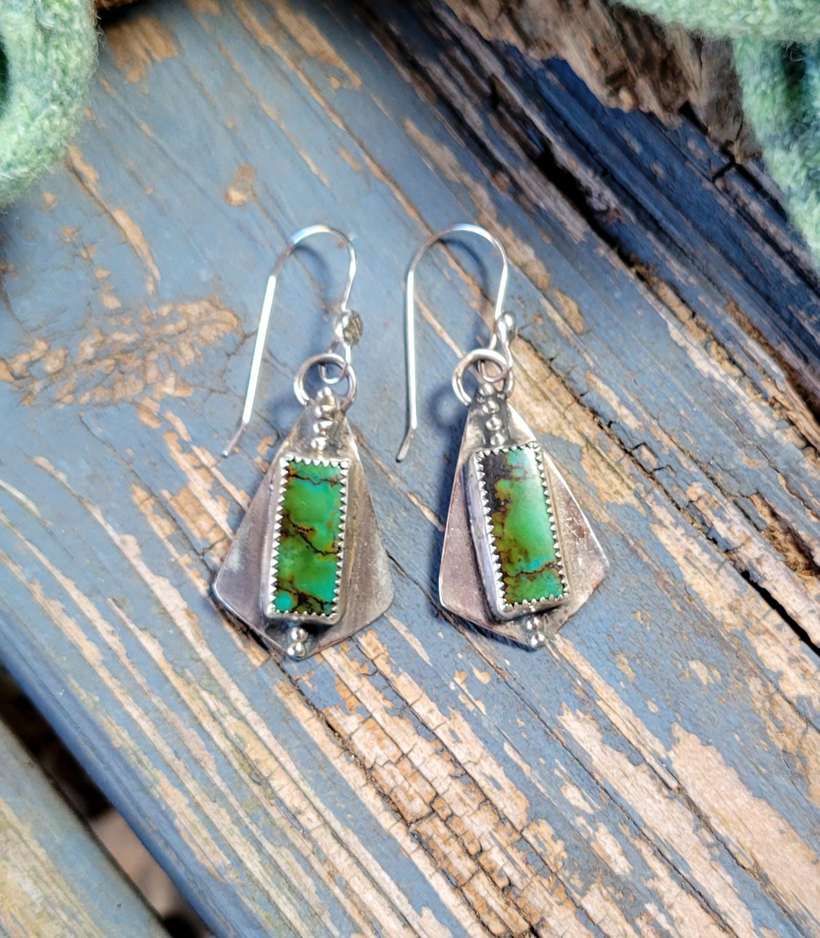 Green Turquoise Dangle Earrings - handmade, sterling silver, hubei quingu, handmade, modern, edgy, dotted, lightweight, beautiful gift