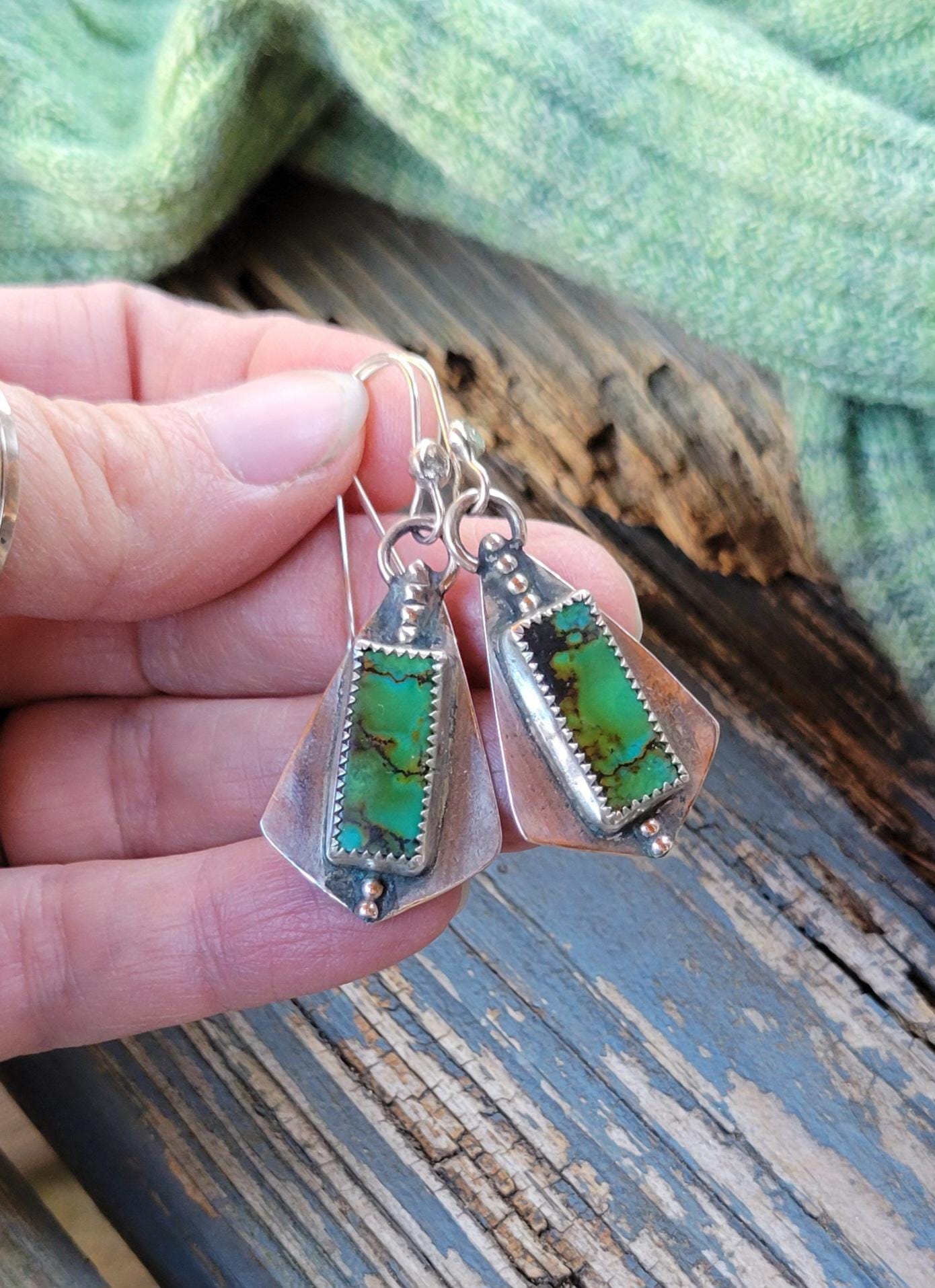 Green Turquoise Dangle Earrings - handmade, sterling silver, hubei quingu, handmade, modern, edgy, dotted, lightweight, beautiful gift