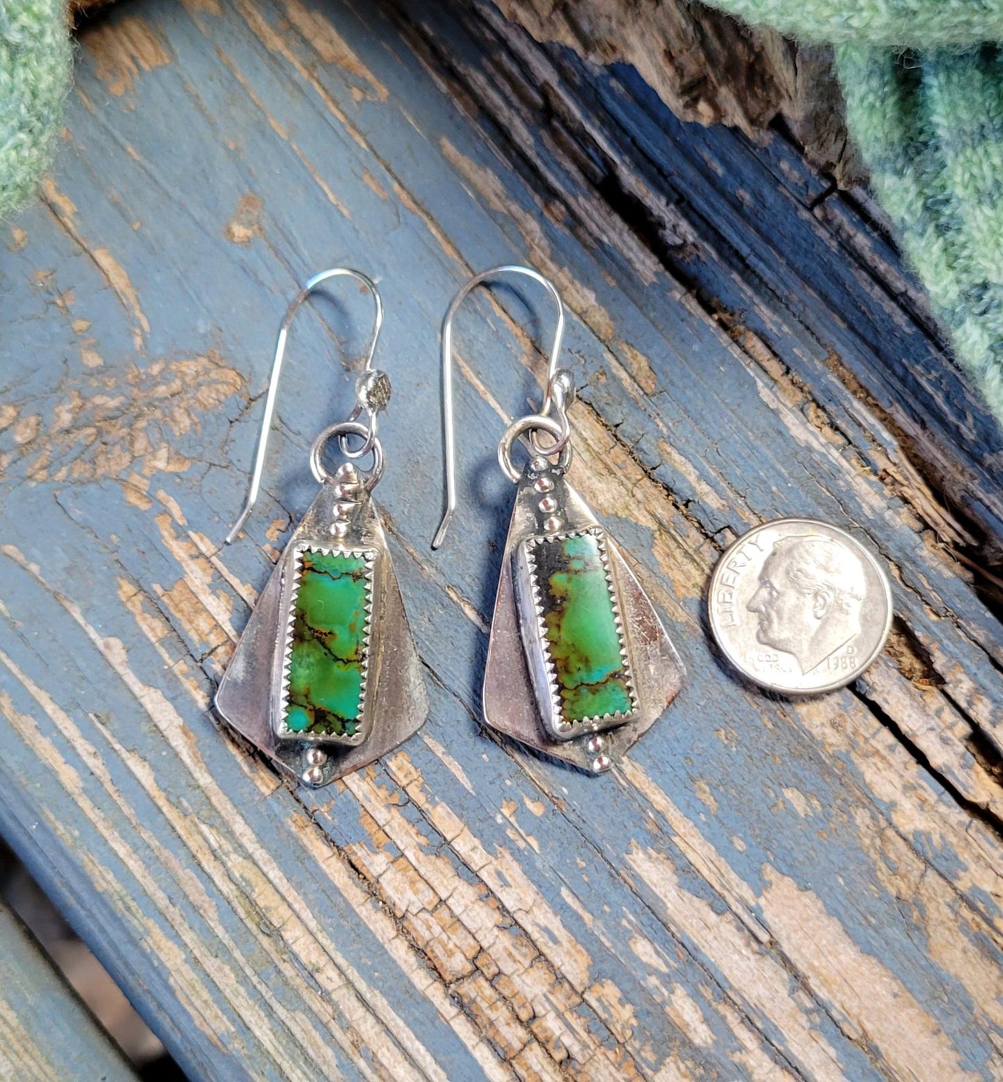Green Turquoise Dangle Earrings - handmade, sterling silver, hubei quingu, handmade, modern, edgy, dotted, lightweight, beautiful gift